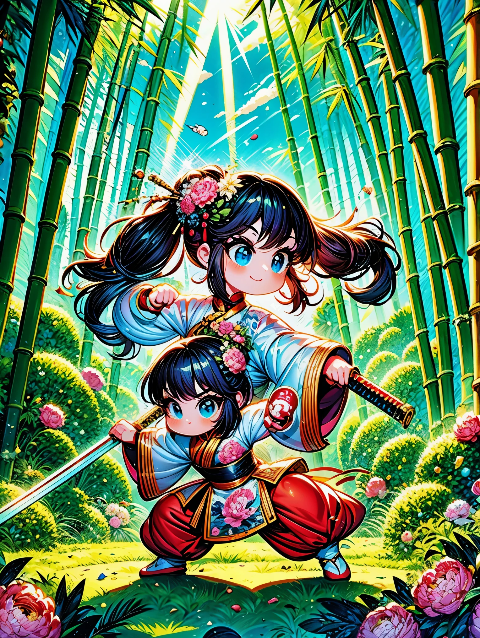 cute cartoon，中国martial arts，vector illustration，1 girl，bamboo forest，martial arts，The posture is full of vitality，Holding a long sword，The costumes are brightly colored，style traditional，Featuring peonies and waves，bamboo forest环境幽静，Lush，tall bamboo stalks，The sun shines dappled sunlight through the leaves，open space，driving range，(UHD, anatomically correct, masterpiece, ccurate, best quality, 8k), Vector martial arts illustration