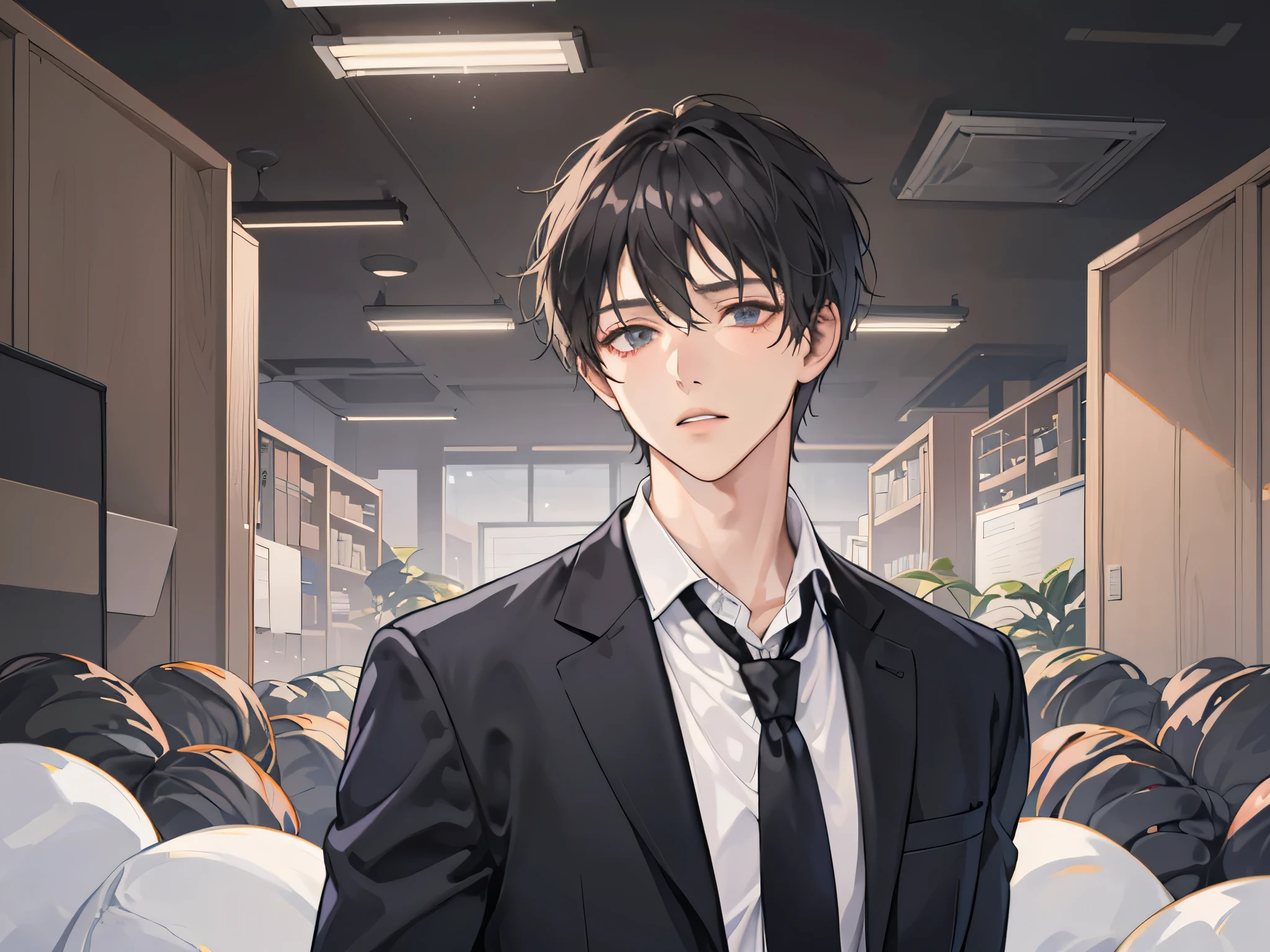 1 boy，((alone)),adult，shy,tired look，suit，white shirt，Upper body,tie，dark circles under the eyes,pants，highest quality，facial details，office,(background office)