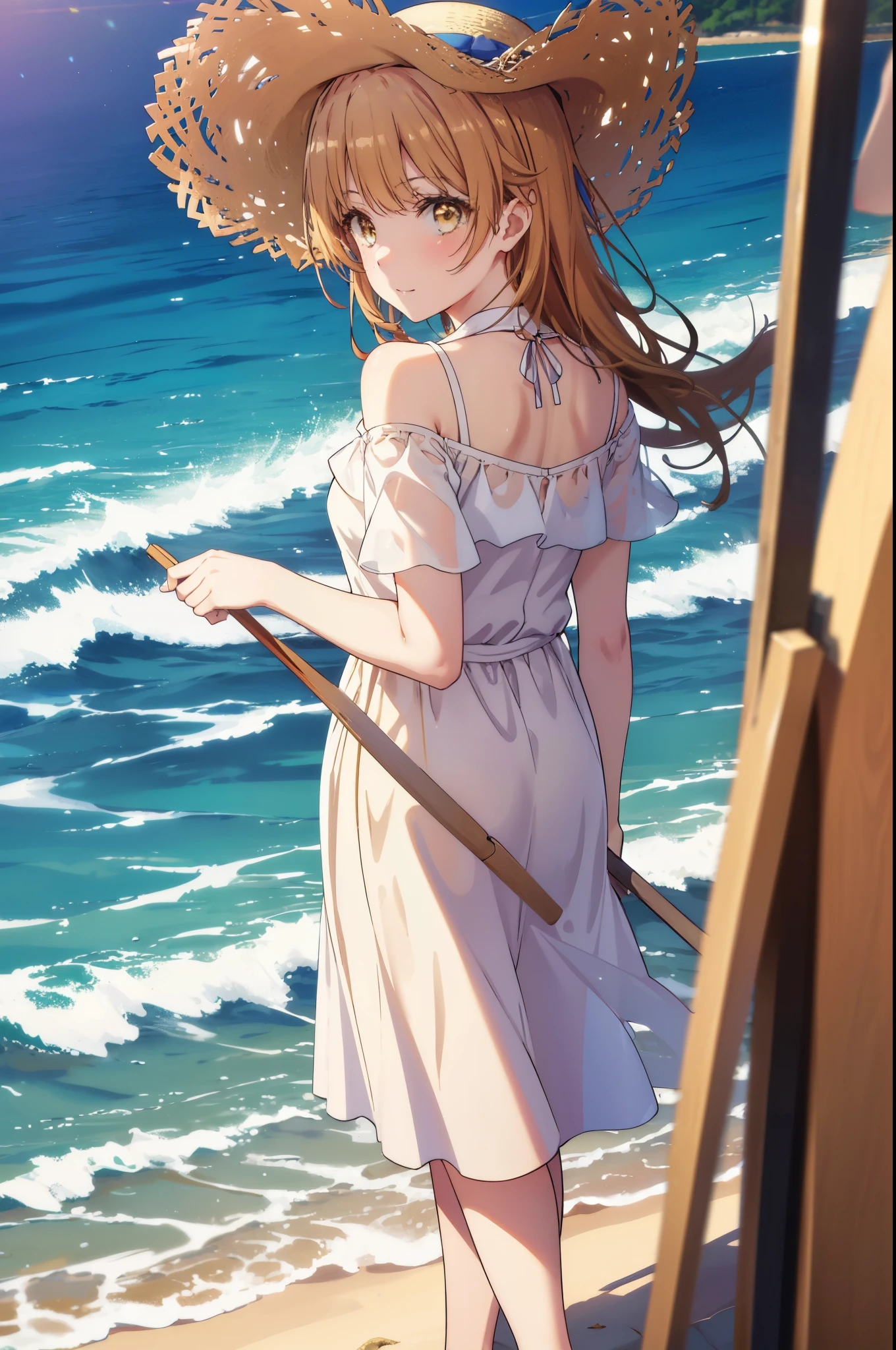 irohaisshiki, iroha isshiki, long hair, brown hair, (brown eyes:1.5), smile,blush,Big straw hat,off shoulder dress,naked neck,bare shoulders,long skirt,barefoot,Turn around,
ビーチのsandy beachを散歩しながら、brown hair fluttering in the breeze,
break outdoors, sandy beach,海
break looking at viewer,
break (masterpiece:1.2), highest quality, High resolution, unity 8k wallpaper, (figure:0.8), (detailed and beautiful eyes:1.6), highly detailed face, perfect lighting, Very detailed CG, (perfect hands, perfect anatomy),