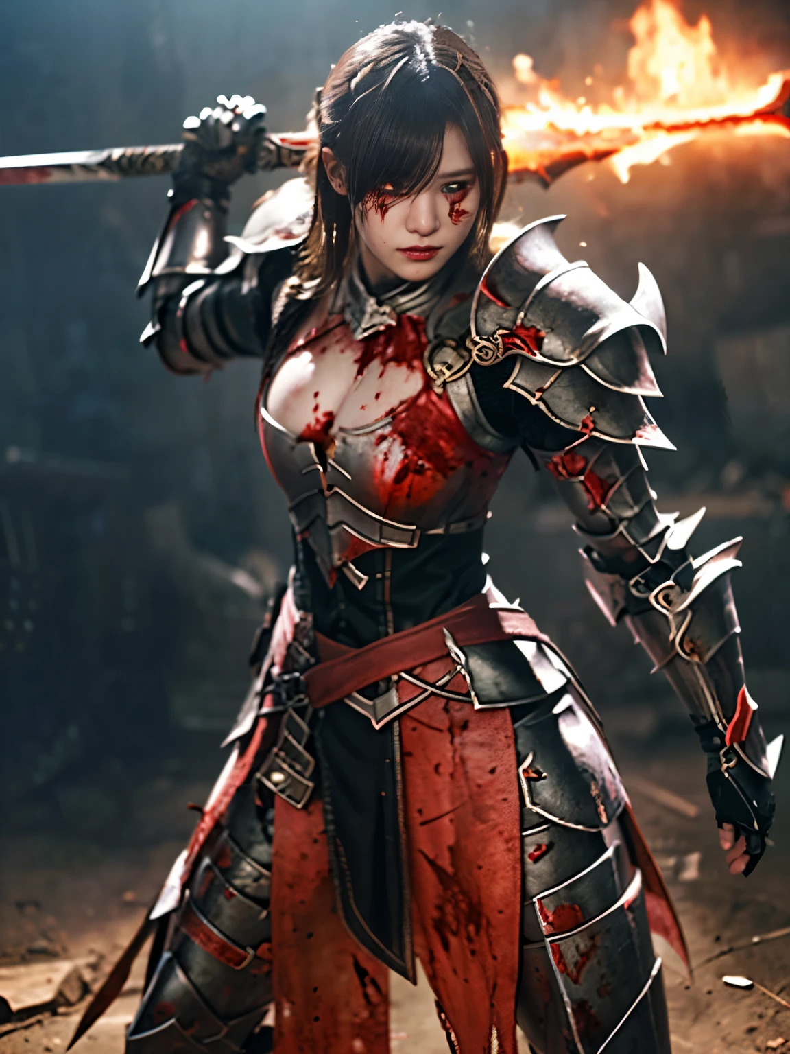 (((high-detail, masterpiece, Attention to detail, crisp detail, sharp image, high definition image, 8k, realistic, beautiful, full body photograph))), perfect studio lightning, 18 years old, delightful face, ideal body, virgin, long smooth straight hair, tied behind, large breast, random expression, wearing japan heavy armor, full decorated armor, full body armor, Unreal Engine Art Trend, swinging japan sword, sword attacking pose, sweating, bloodstained face, blood scattered armor, bloodbath, fire everywhere, epic battle, death background, battleground, carnage, war zone,