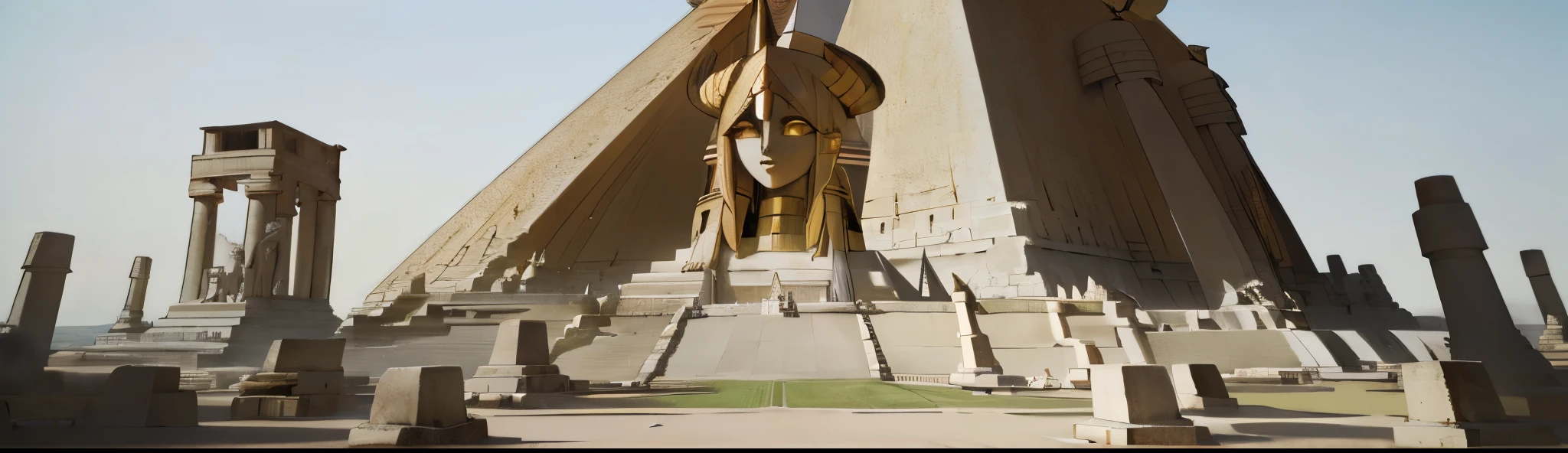 un grupo de poderosos chicos de cabello blanco y ojos amarillo , en el fondo se ven edificios templos y piramides del antiguo egipto
