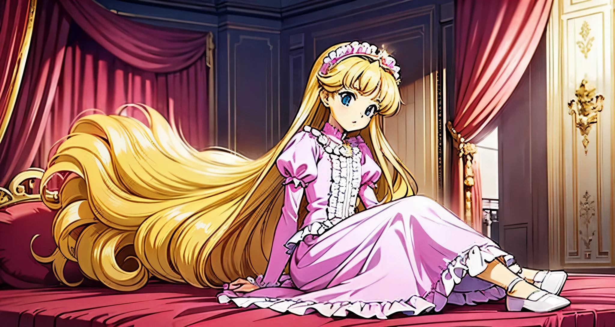 ,highest quality, masterpiece, highest resolution, artwork, super それにget used to it, many get used to it, get used to it, それにget used to it, 3K anime illustration,,(( When I )),Super detailed baby face,She isss,Full length ball gown dress with hoop skirt,ruffled yoke collar,puff sleeves,long sleeve,((Lolita style hot pink detailed princess satin dress、Comes with lots of frills and ribbons。)),colorful rococo fashion,shiny satin dress,Soft and smooth fabric,luxury,long blonde hair,blue eyes,white skin european,pajamas,((inside the palace)),,,(( When I was 10 years old)),Super ce,Full length ball gown dress witirt,long skirt,ruffled yoke collar,puff sleeves,腰まで伸びるlong blonde hair,blue eyes,white skin european,pajamas,((inside the palace bedroom)),ピンクのシルクサテンのluxuryなcanopy bedの上,canopy bed,luxurious curtains under the canopy,many frilly pillows on the bed,super detailed background,detailed bed,silk satin bed sheets,soft silk satin comforter,Soft silk satin ruffled pillow in pastel colors,little princess is sitting on the bed,legs are hidden in the dress,Don't put your feet out to the side,Beautiful girl illustration,detailed beautiful face detailed hair,detailed human eye ,detailed mouth, arm details,fine hands,Detailed pillow,Frilly pillows piled up behind the girl,