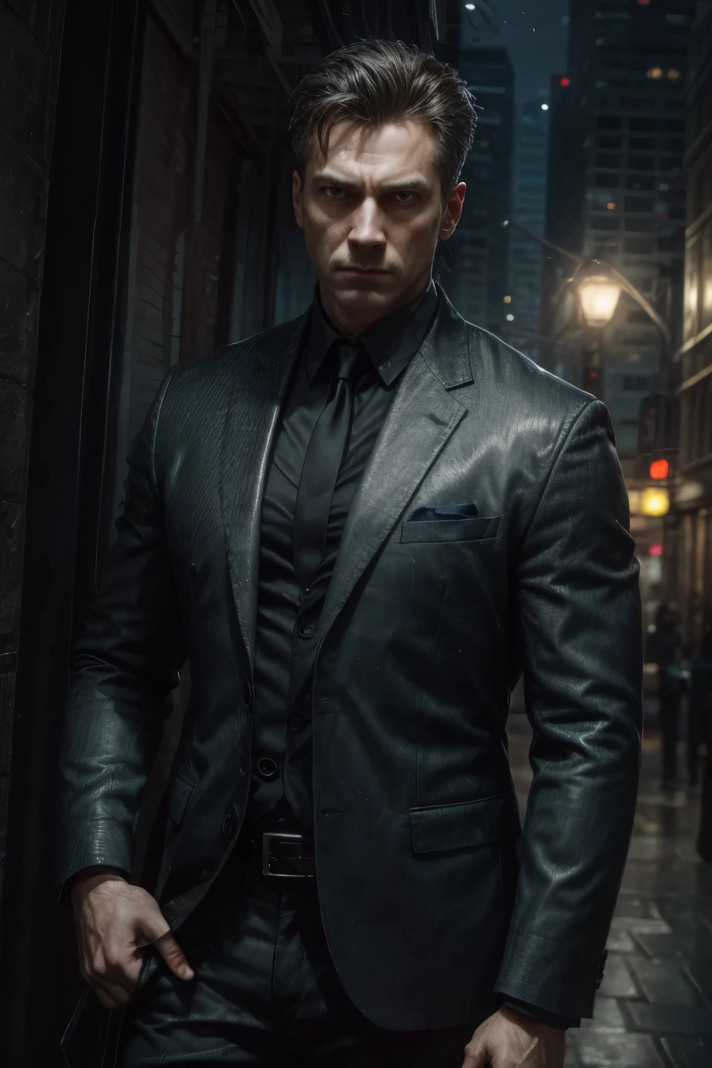 (best quality,4k,8k,highres,masterpiece:1.2),ultra-detailed,realistic, HDR,UHD,studio lighting,ultra-fine painting,sharp focus,physically-based rendering,extreme detail description,professional,vivid colors,bokeh, portraits,psychological, A rugged male special agent in a tailored black suit, carrying a sleek handgun with a determined expression,
Background: A sprawling urban landscape with towering skyscrapers and a moonlit sky, hinting at a dangerous and covert mission under the cover of darkness.
Overall Color Scheme: Deep blues and blacks with hints of silver and subtle neon accents, evoking the intrigue and danger associated with the world of espionage.