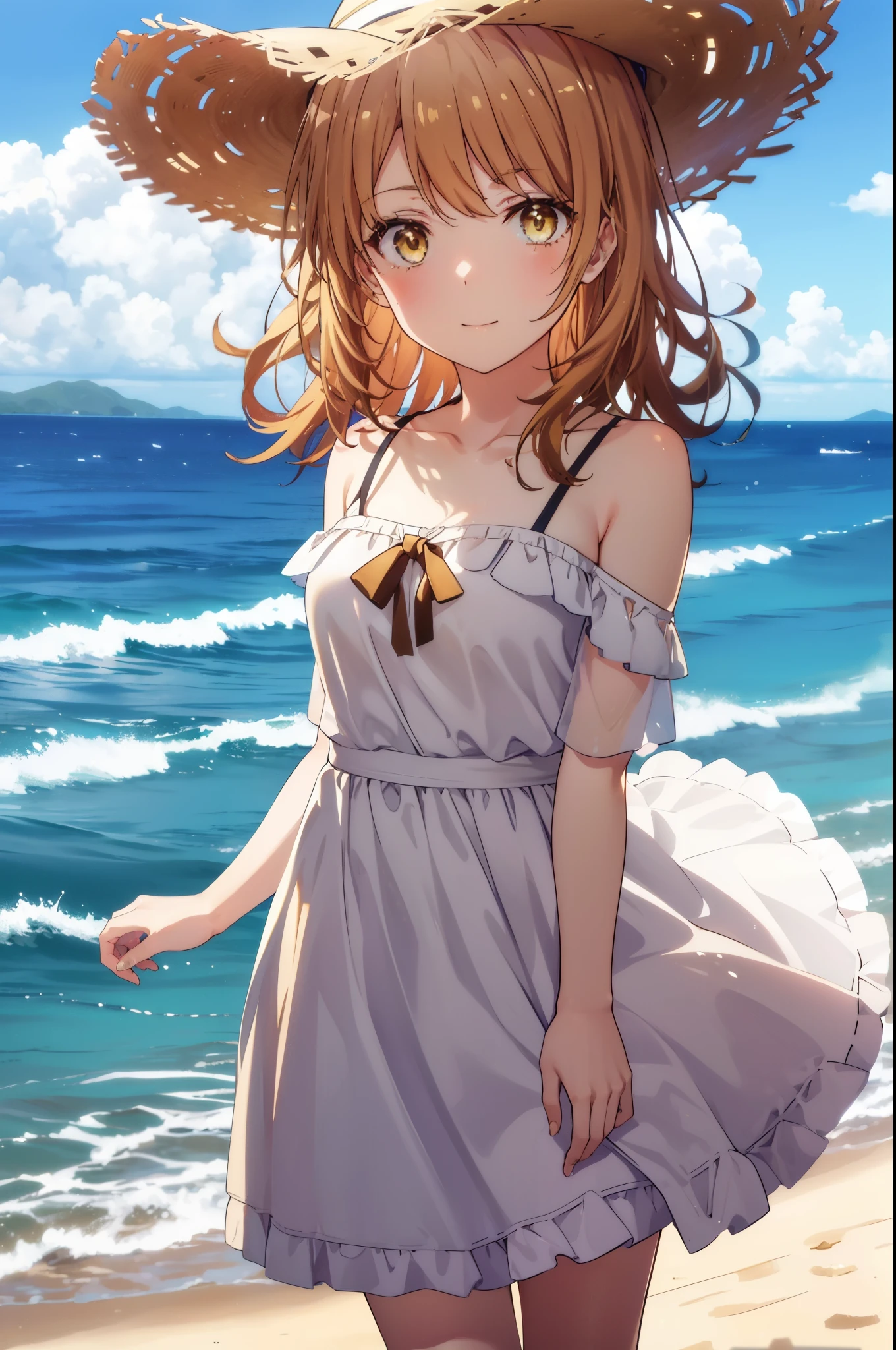 irohaisshiki, iroha isshiki, long hair, brown hair, (brown eyes:1.5), smile,blush,Big straw hat,off shoulder dress,naked neck,bare shoulders,long skirt,barefoot,Turn around,
ビーチのsandy beachを散歩しながら、brown hair fluttering in the breeze,
break outdoors, sandy beach,海
break looking at viewer,
break (masterpiece:1.2), highest quality, High resolution, unity 8k wallpaper, (figure:0.8), (detailed and beautiful eyes:1.6), highly detailed face, perfect lighting, Very detailed CG, (perfect hands, perfect anatomy),