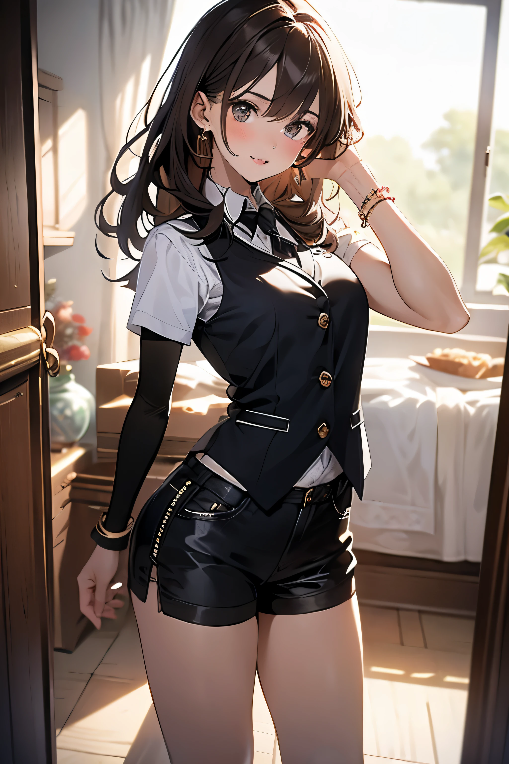 (masterpiece, best quality, super detailed, high resolution, 4k),(beautiful and delicate eyes),(Very rich facial details),(1 girl),high dynamic range,long hair, shorts, Telephone, brown eyes, brown hair, cellTelephone, bracelet, Vest, jewelry, watch, lips, focus only, nail polish, vague background, Smile, wristwatch, actual, vague, looking at the audience