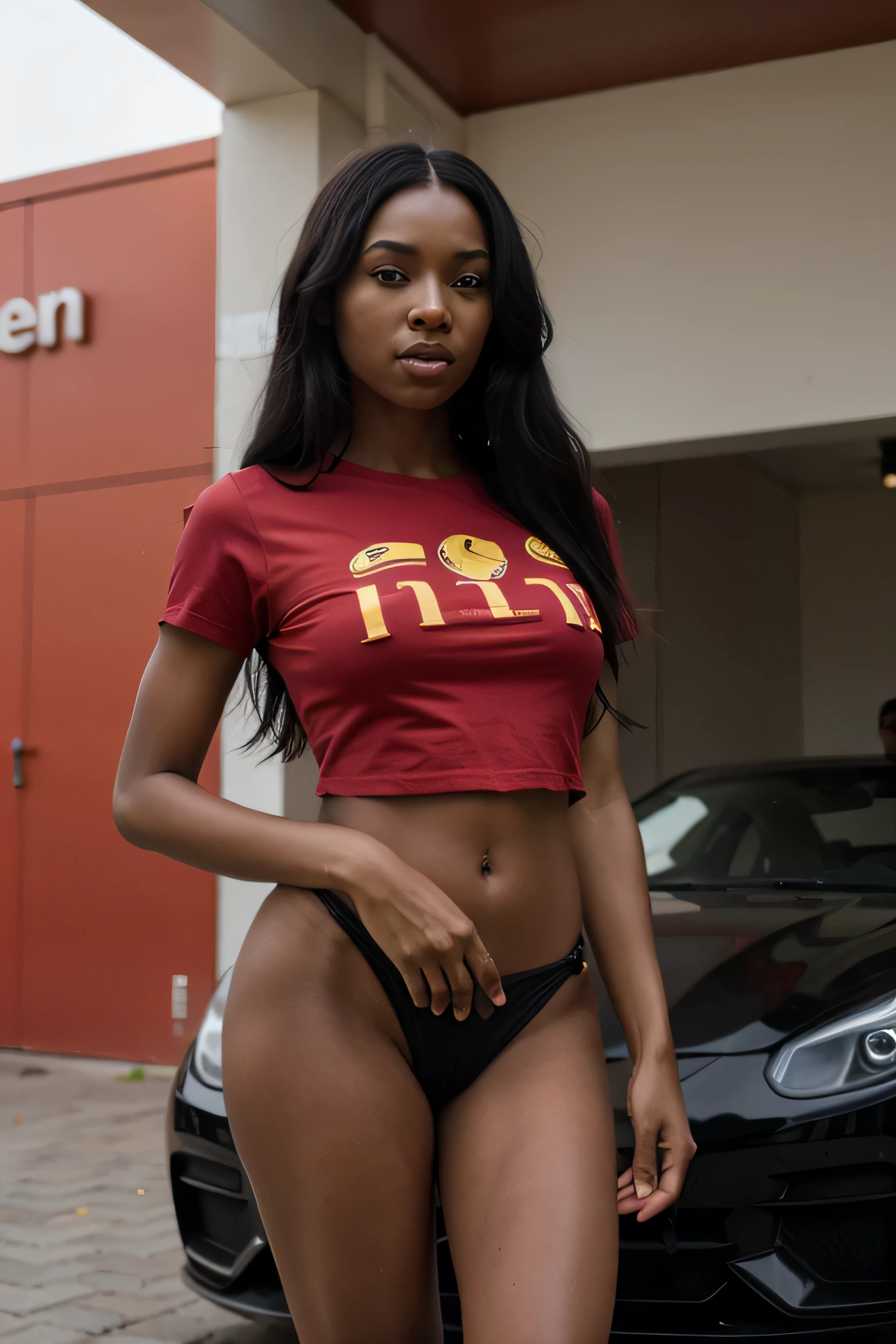 Beautiful ebony  african model, long black hair, black skin, ferrari, red t shirt