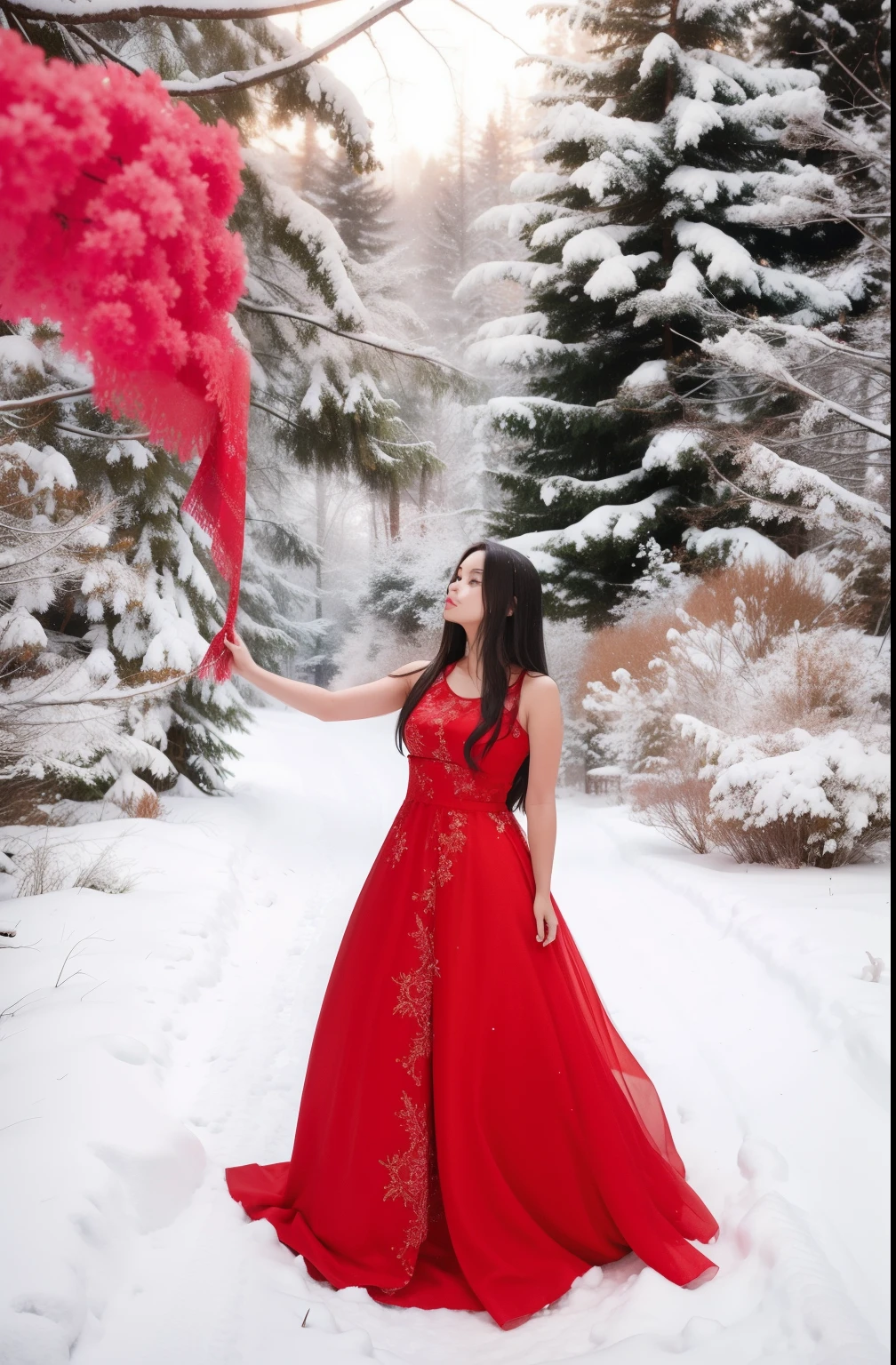Girl in a red dress, girl in a long dress in the winter forest, девушка In the forest с красным дымом, Beautiful hair, Straight hair, In the forest, winter photo, winter, Young girl in red dress, photo session in the winter forest, 