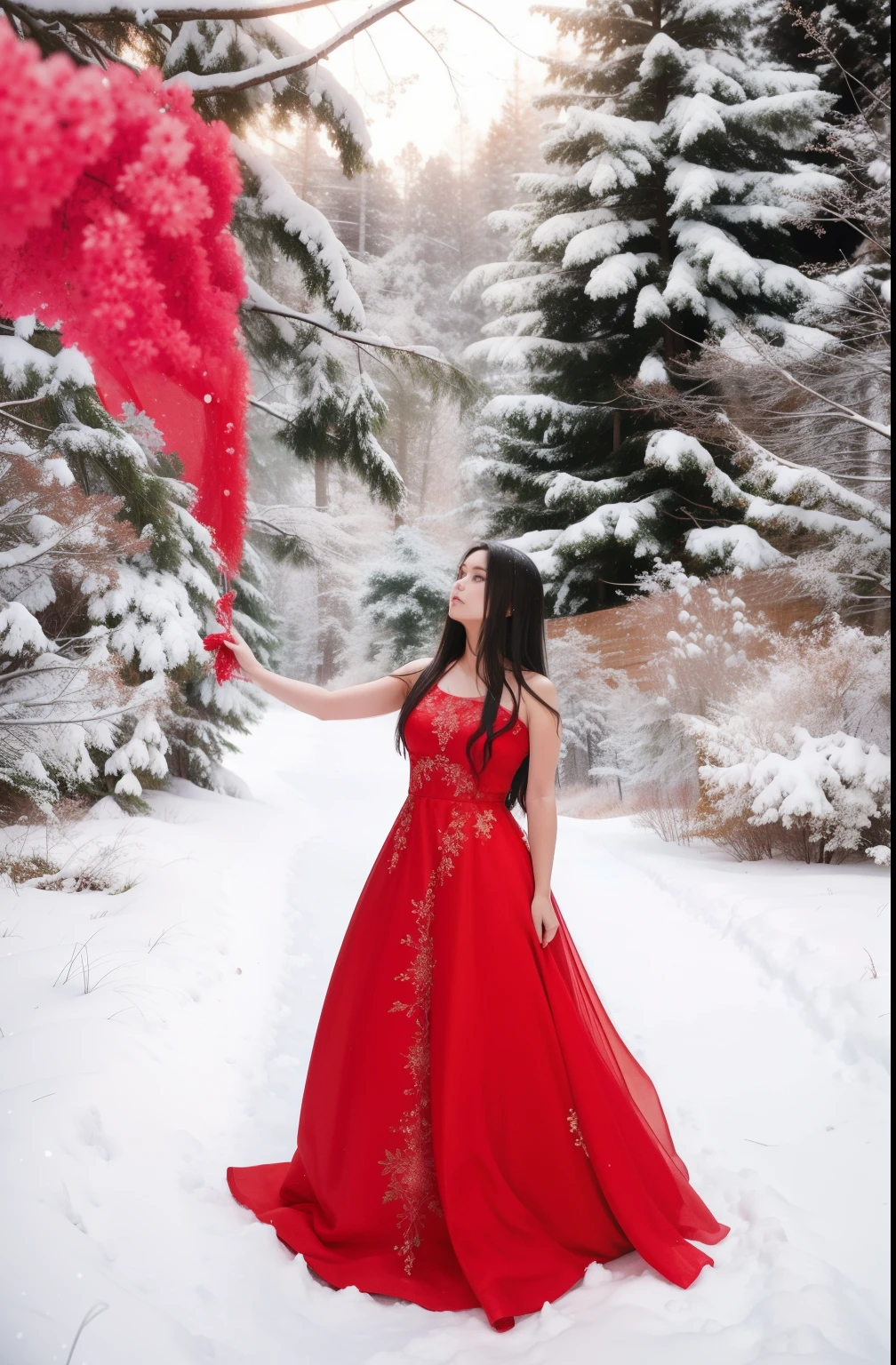 Girl in a red dress, girl in a long dress in the winter forest, девушка In the forest с красным дымом, Beautiful hair, Straight hair, In the forest, winter photo, winter, Young girl in red dress, photo session in the winter forest,