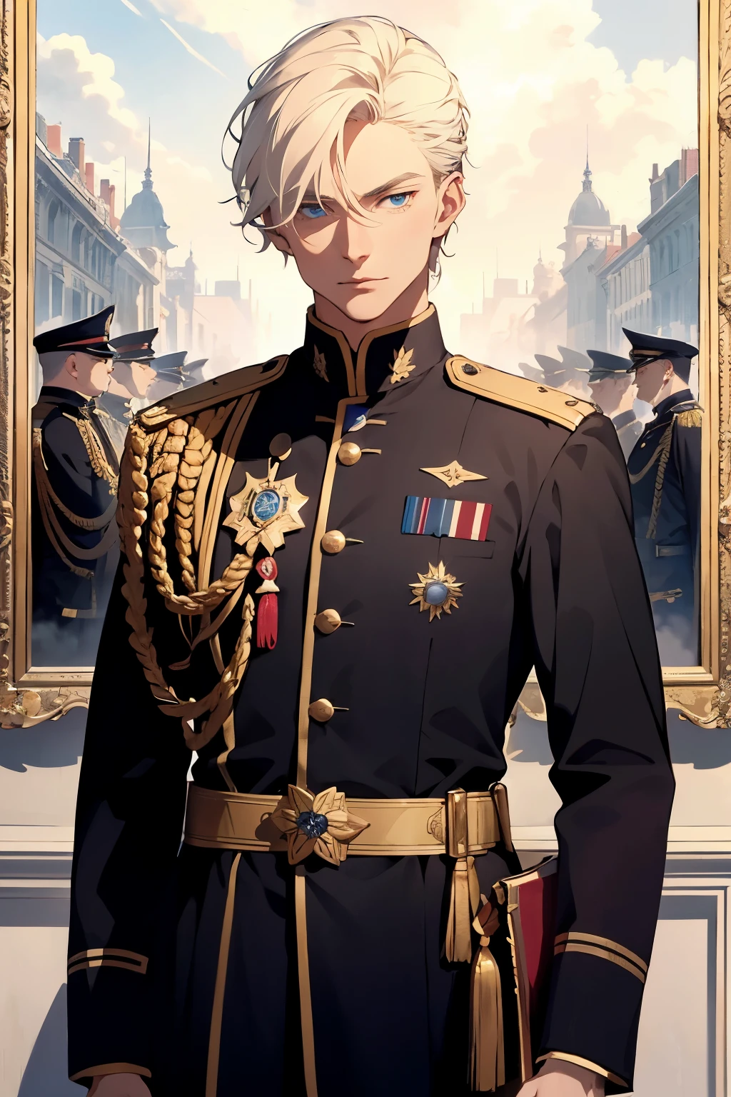 In the heart of the battlefield, an esteemed Ombudsman with white blonde hair and piercing blue eyes stood tall, dressed in a prim and proper black uniform. His features were sharply defined, with a distinguished jawline and a grave expression that bespoke his important role. The sun cast long, dramatic shadows at his feet, adding an air of authority and importance to his presence. The uniform, adorned with intricate insignia, shone under the bright sunlight, reflecting his high rank as a major general. The overall composition of the painting emphasized the grandeur and dignity of the scene, inviting the viewer to delve deeper into the intricacies of military life and the weight