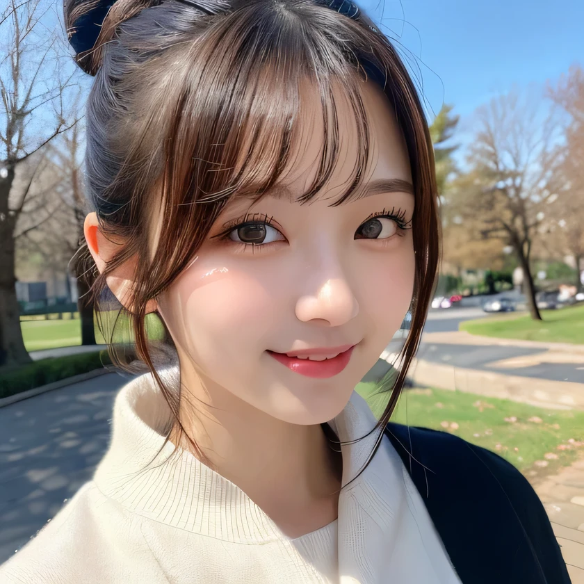 table top, highest quality, figure, super detailed, finely, High resolution, 8k wallpaper, 完璧なダイナミックな構figure, detailed and beautiful eyes, Trendy women's fashion winter clothes, bun hair, small breasts natural color lip, sexy pose, smile, date in the park, 20 year old girl,
cute, looking at camera