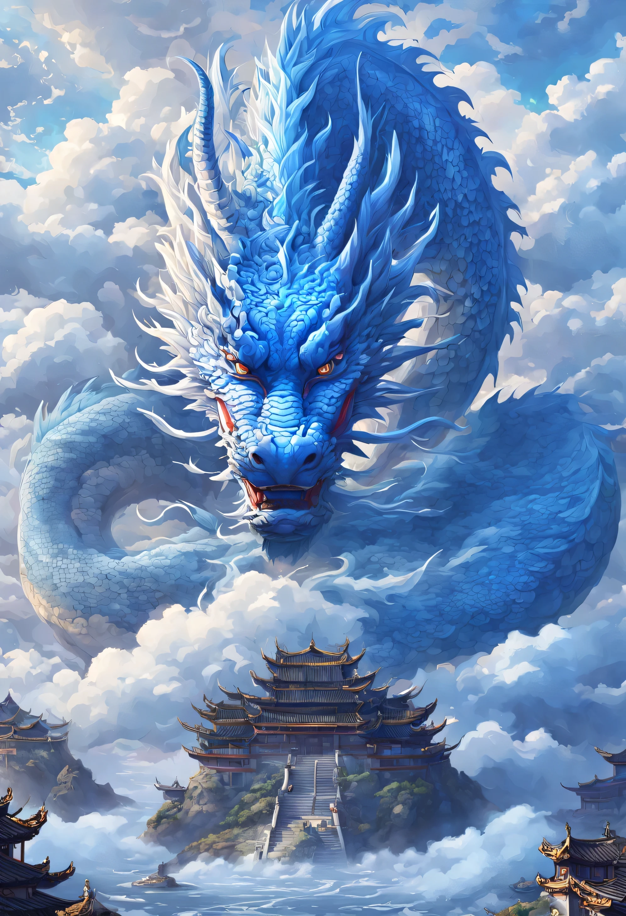 Arien View,in a fantasy world,traditional chinese architecture,blue Dragon,cloud,Ocean,null,Mountain, thunder,{One Head}