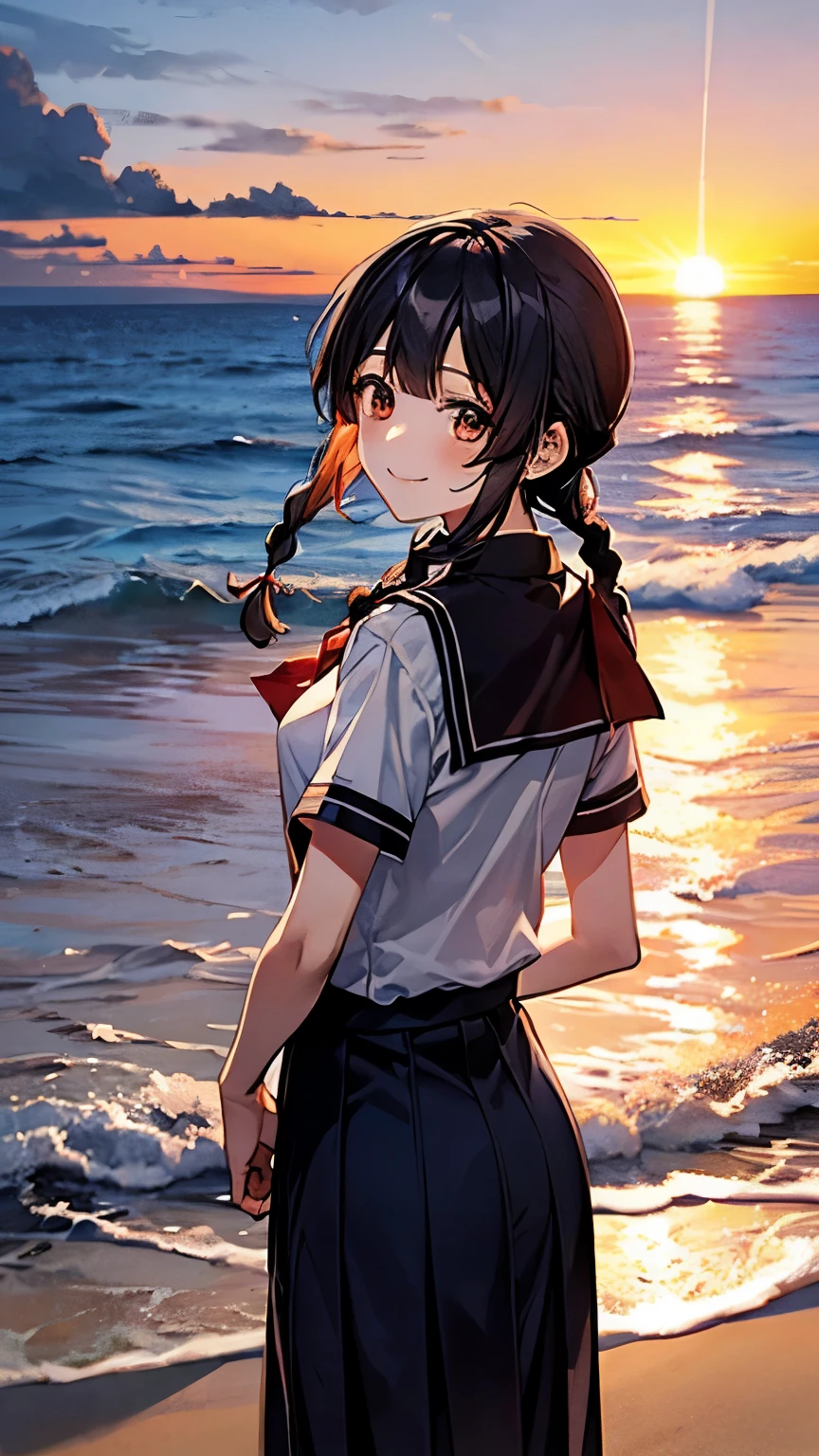 1 girl, alone,smile, beach,(sunset:1.1), Akagi_Also(denchi-project), alone, star hair ornament, twin braids,shine, from behind, think back, huge sunset,red floating, uniform, night, waving, Ocean