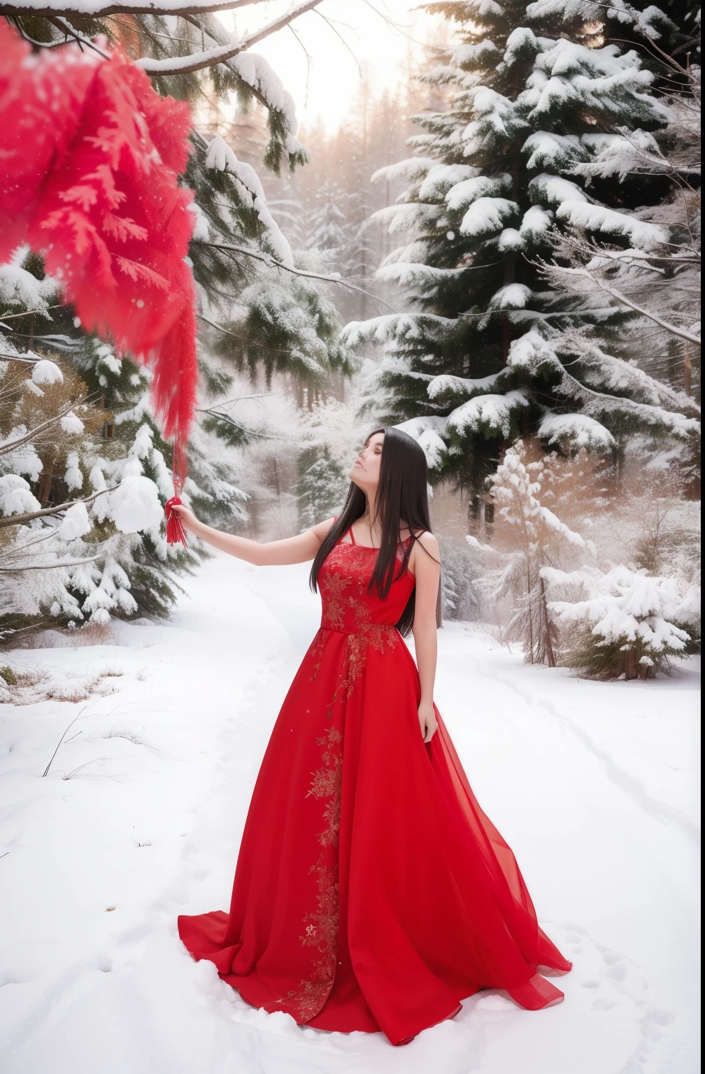 Girl in a red dress, girl in a long dress in the winter forest, девушка In the forest с красным дымом, Beautiful hair, Straight hair, In the forest, winter photo, winter, Young girl in red dress, photo session in the winter forest, clear photo, Photo Realism, real photo, super quality