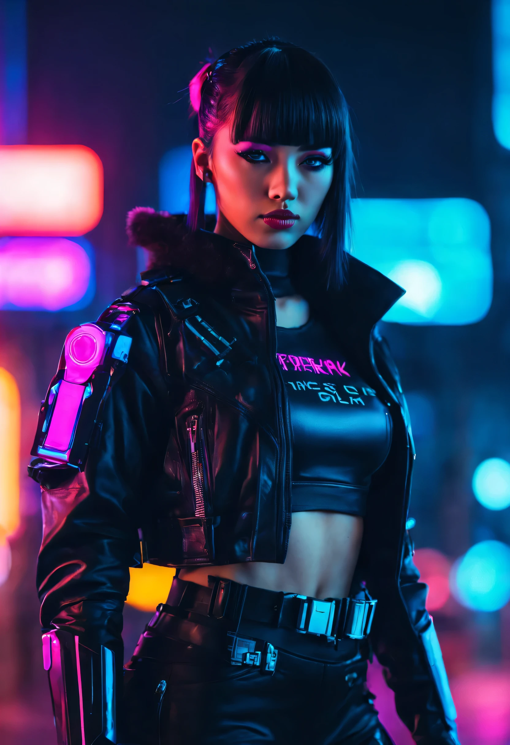 Fille cyberpunk avec un bang, Neon City en arrière-plan, effet bokeh, tout le corps