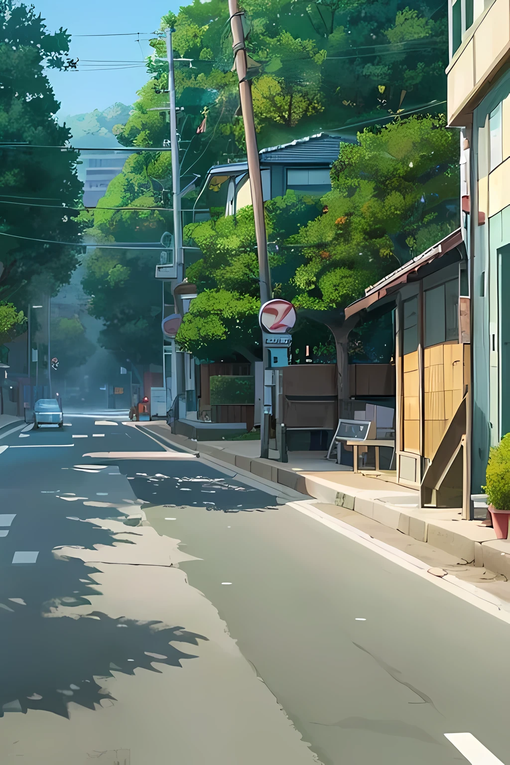 There is a street painting with traffic lights and stone walls, anime scene, Makoto Shinkai's style, Anime landscapes, Makoto Shinkai. —h 2160, studio glibly makoto shinkai, Shinkai sincerely, ( ( Makoto Shinkai ) ), kyoto animation still, Makoto Shinkai!