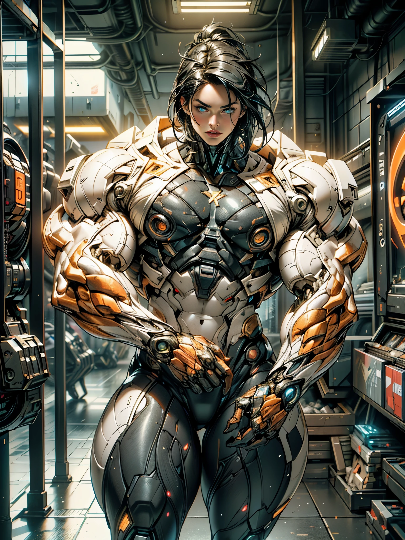 Cinematic, hyper-detailed, and insanely detailed, this artwork captures the essence of megan fox with breathtaking beauty. The color grading is beautifully done, enhancing the overall cinematic feel. Unreal Engine brings her anatomic cybernetic muscle suit to life, appearing even more mesmerizing. With the use of depth of field (DOF), every detail is focused and accentuated, drawing attention to her eyes and the intricate design of the anatomic cybernetic muscle suit . The image resolution is at its peak, utilizing super-resolution technology to ensure every pixel is perfect. Cinematic lighting enhances her aura, while anti-aliasing techniques like FXAA and TXAA keep the edges smooth and clean. Adding realism to the anatomic cybernetic muscle suit, RTX technology enables ray tracing. Additionally, SSAO (Screen Space Ambient Occlusion) gives depth and realism to the scene, the girl's anatomic cybernetic muscle suit become even more convincing. In the post-processing and post-production stages, tone mapping enhances the colors, creating a captivating visual experience. The integration of CGI (Computer-Generated Imagery) and VFX (Visual Effect brings out the anatomic cybernetic muscle suit's intricate features in a seamless manner. SFX (Sound Effects) complement the visual artistry, immersing the viewer further into this fantastic world. The level of detail is awe-inspiring, with intricate elements meticulously crafted, the artwork hyper maximalist and hyper-realistic. Volumetric effects add depth and dimension, and the photorealism is unparalleled. The image is rendered in 8K resolution, ensuring super-detailed visuals. The volumetric lightning adds a touch of magic, highlighting her beauty and the aura of her anatomic cybernetic muscle suit in an otherworldly way. High Dynamic Range (HDR) technology makes the colors pop, adding richness to the overall composition. Ultimately, this artwork presents an unreal portrayal of a super muscled cybernetic female android