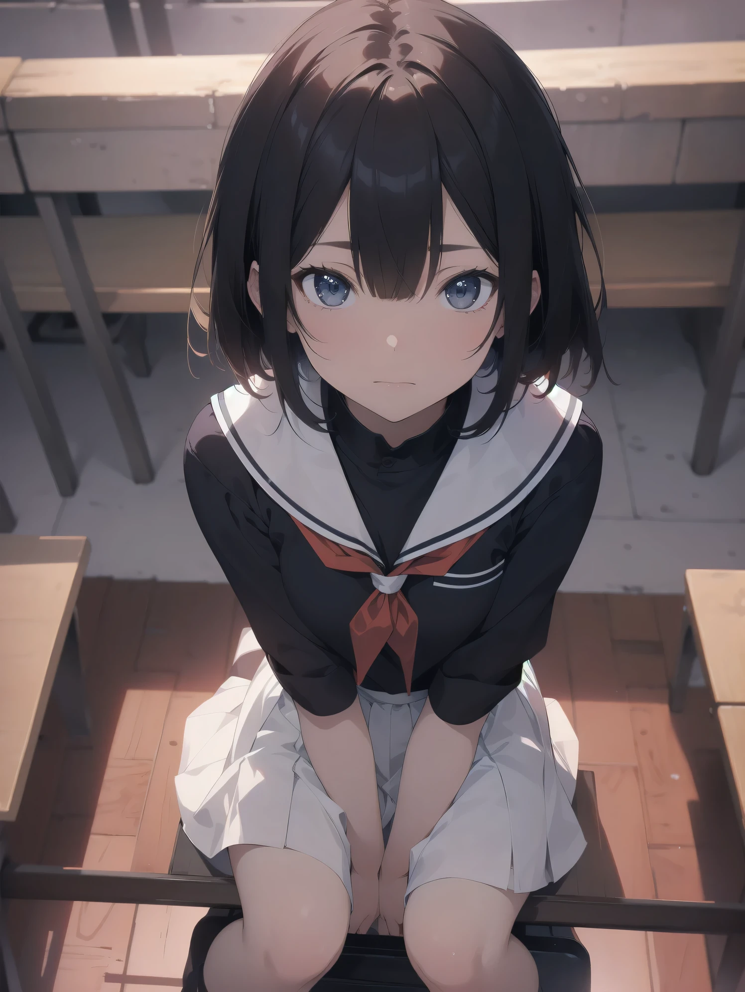 Super absurd quality by the god of art, super detailed, High resolution, anime moe art style, Best Anime 8K Kona-chan Wallpaper, pixiv contest winner, perfect anatomy, break,(Draw a picture of a girl sitting on a bed, drugged. )break, 1 girl,(alone,little woman,baby face,13 years old:1.3),All limbs, full finger,, The charm of an immature body, (very short hair), bangs, flat chest, Small Bodysuits, small ass, between legs, clavicle, small eyes, black eye, detailed and beautiful eyes, Well-proportioned iris and pupils, expressive eyes, drunk eyes, frown, blush, Aphrodisiac effect, lips with beautiful details, High resolutionの詳細な髪, skirt, pleated skirt, neckerchief, sailor collar, Sweat, school uniform, serahuku, short sleeve, shirt, open lips, heavy_breathe, (detailed lighting), (detailed background),on the bed, In the school infirmary. break,shiny skin, sexy movie lighting, 8k, figure,photoshop_(Moderate),Absurd Hi-Res,From above