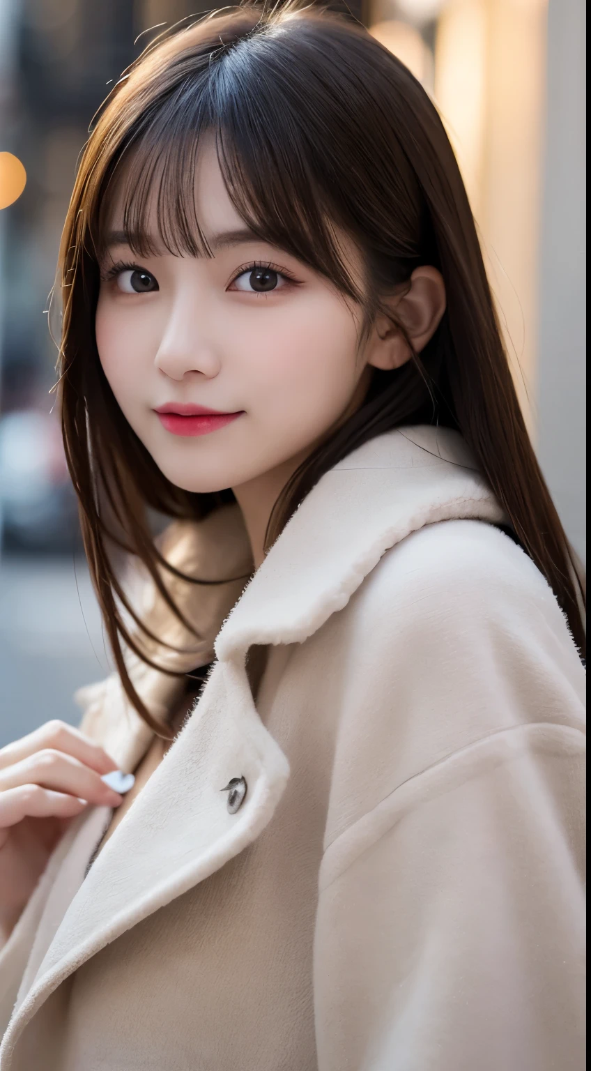 table top, highest quality, shape, Super detailed, finely, High resolution, 8k wallpaper, 完璧なダイナミックな構shape, beautiful and detailed eyes, Gorgeous black fluffy Tokyo winter clothes,ランダムなcute髪,,natural color lip, bold sexy pose,smile、20 year old girl、cute、sexy shot looking at camera,Always blur the background,perfect and beautiful face,Take only the face,beautiful and detailed face、slim face and style,Big eyes、do gal makeup,small face,Wearing a luxury brand mink coat