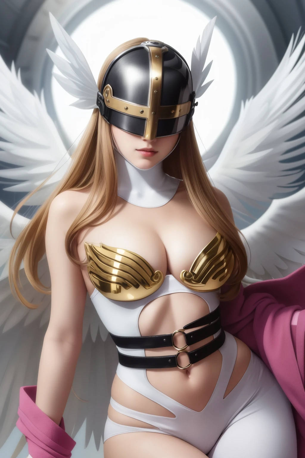 best quality, intricate details,
1girl,  Angewomon, winged helmet, helmet over eyes, helmet on, covered eyes,white multiple wings, white wings, pink hagoromo, single glove, strapless,white bodysuit, gold strapless bra, black belt, two belts, sexy poses 