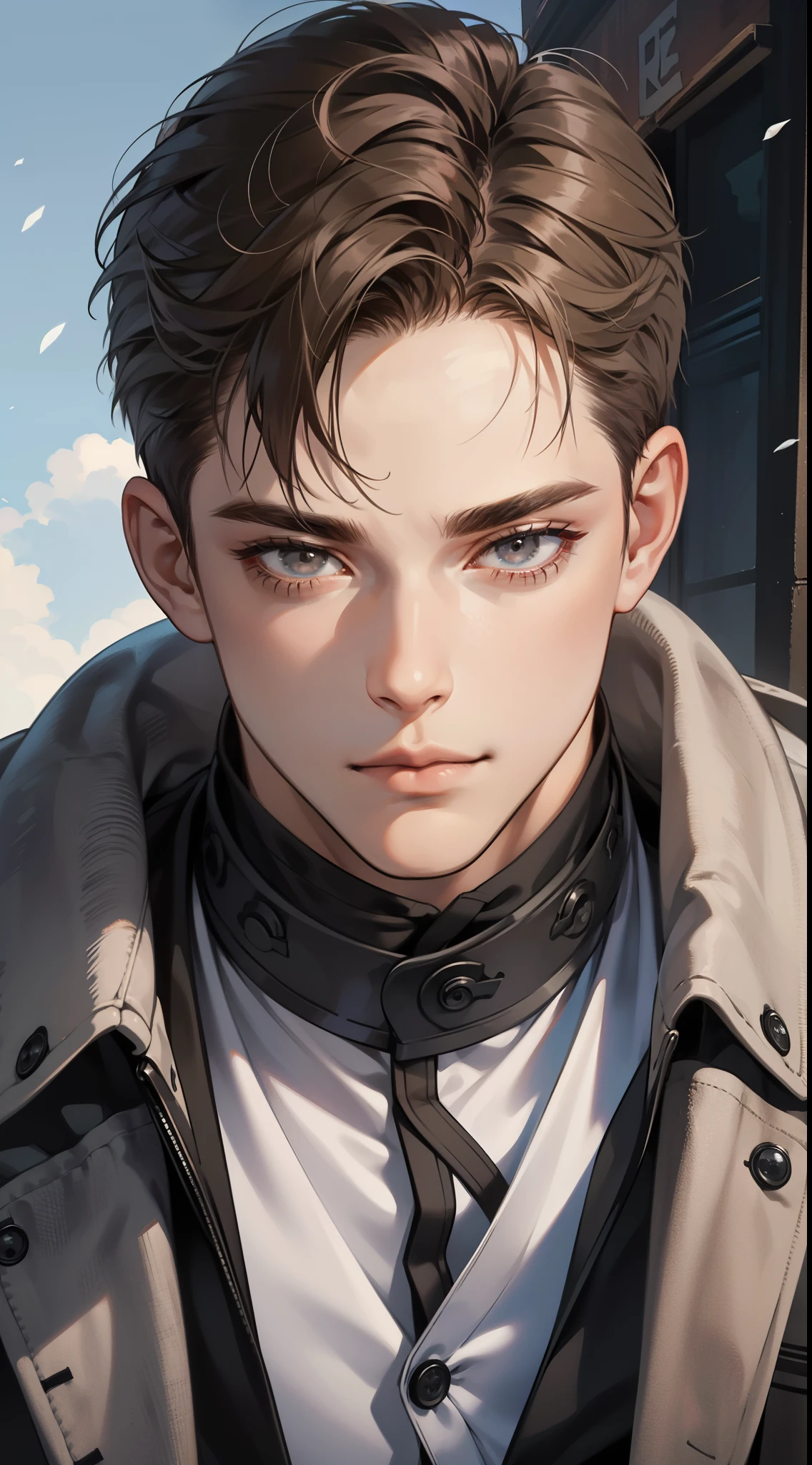 masterpiece, best quality, realistic, 1man, mature male, quiet and charming young man, 35 years old, close his eyes, serious, closed mouth, extremely detailed face, cold, ((dark grey eyes)), ((short-right-swept dark brown hair)), [thick eyebrows], ((hunter)), accurate, detailed, ((town))