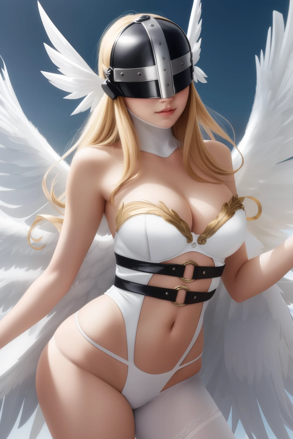 best quality, intricate details,
1girl,  Angewomon, winged helmet, helmet over eyes, helmet on, covered eyes,white multiple wings, white wings, pink hagoromo, single glove, strapless,white bodysuit, gold strapless bra, black belt, two belts, sexy poses 