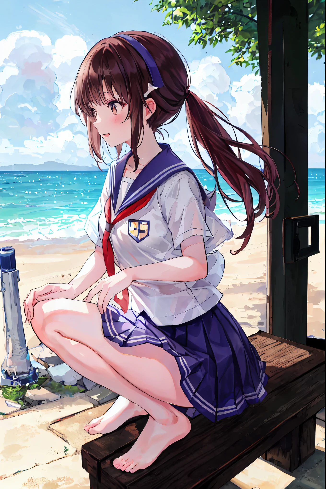 1 girl、laughter、shirt、skirt、（）Chirarism、Japanese high school uniform、serafuku、summer clothes、Uniform soaked in a squall、（sheer bra）、upper body portrait、light cream hair、squatting bench、high school girl ，16 years old、brown hair ponytail，barefoot，Underwear visible，finger in crotch，small breasts，small butt，beautiful profile，distinct limbs，distinct nose bridge，anatomically correct limbs