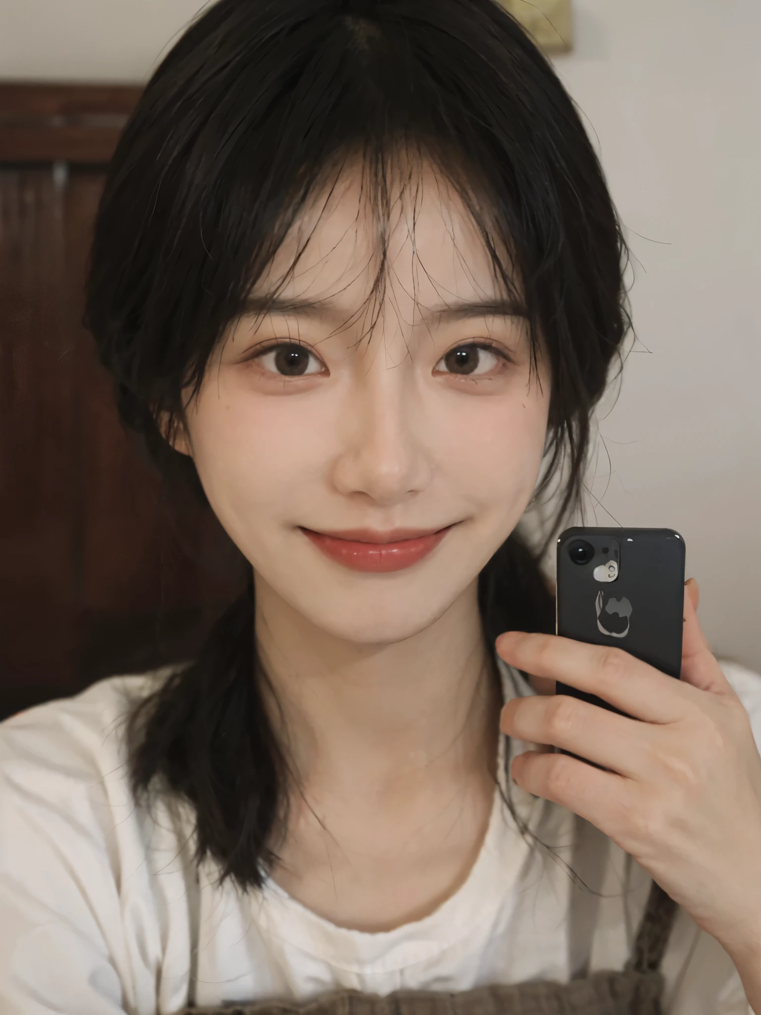 best quality, ultra high resolution, White background,There was a woman posing for a photo in the bathroom, Young cute asian face, With cute doting eyes, 8k selfie photos, cute korean face, 年輕cute korean face, Slightly cute smile, Cute and delicate face, Clear and lovely face, smile and open your eyes, 女孩Cute and delicate face, young cute face