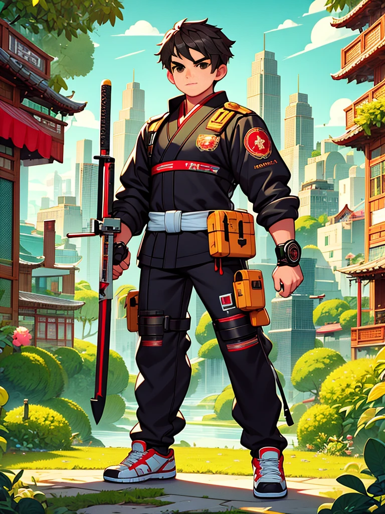 cute cartoon，Vector illustration，（A Special Agent wearing a stylish black suit:1.5），A futuristic agent equipped with exquisite weapons and equipment，The agent stood firm.，Be prepared，Showcasing a variety of high-tech equipment that is seamlessly integrated into the garments。The background should suggest a future urban landscape，Advanced technology and architecture visible。Agent&#39;s equipment includes innovative and advanced gadgets and weapons，Highlighting the advanced nature of the world they live in。The overall image should convey a sense of mystery、A sense of sophistication and cutting-edge technology，（ultra high definitiotomically correct，masterpiece，precise，best quality，8k), Vector martial arts illustration