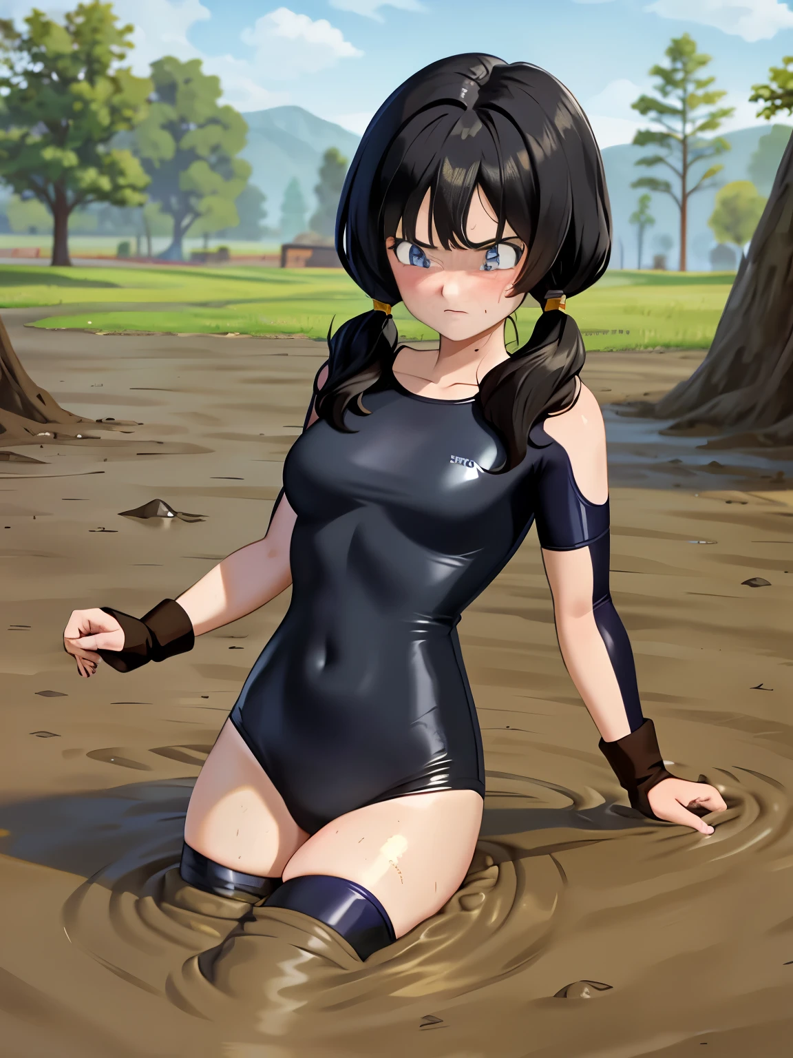 two girls kissing in the mud,masterpiece, highest quality, High resolution, videl,1 girl,saw 2, blue eyes, black hair, Low twintails and short cut, medium breasts, frown,blush,Black tight suit, streak,