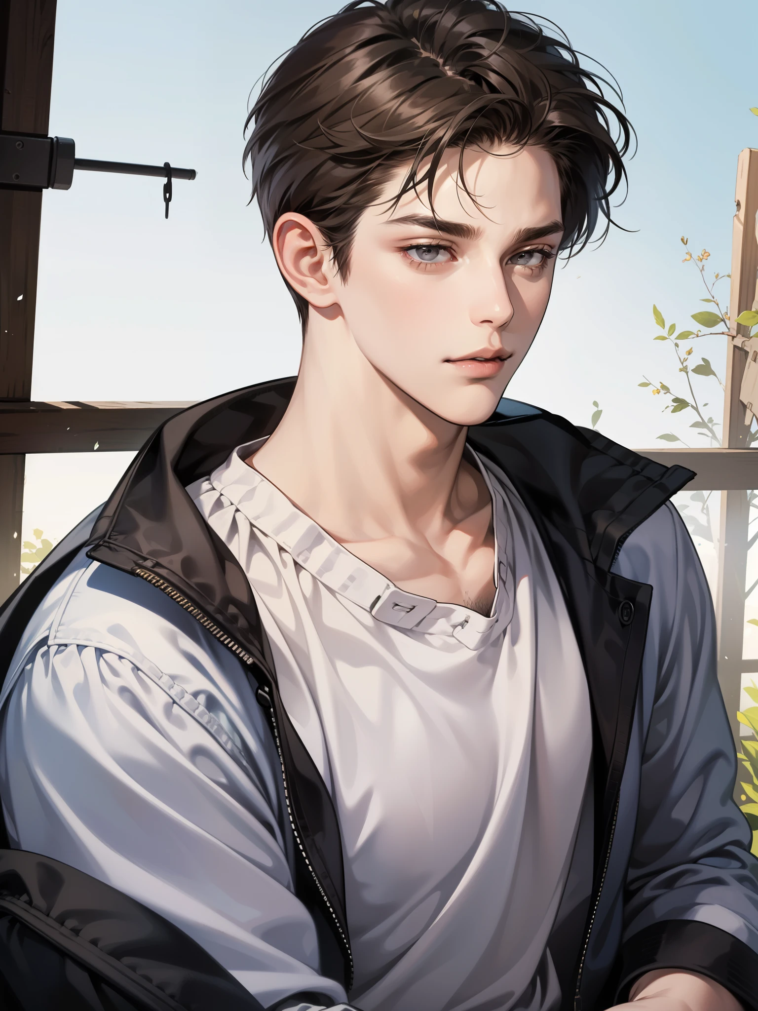 masterpiece, best quality, realistic, 1man, mature male, quiet and charming young man, 35 years old, close his eyes, serious, closed mouth, extremely detailed face, cold, ((dark grey eyes)), ((short-right-swept dark brown hair)), [thick eyebrows], ((hunter)), accurate, detailed, ((town))