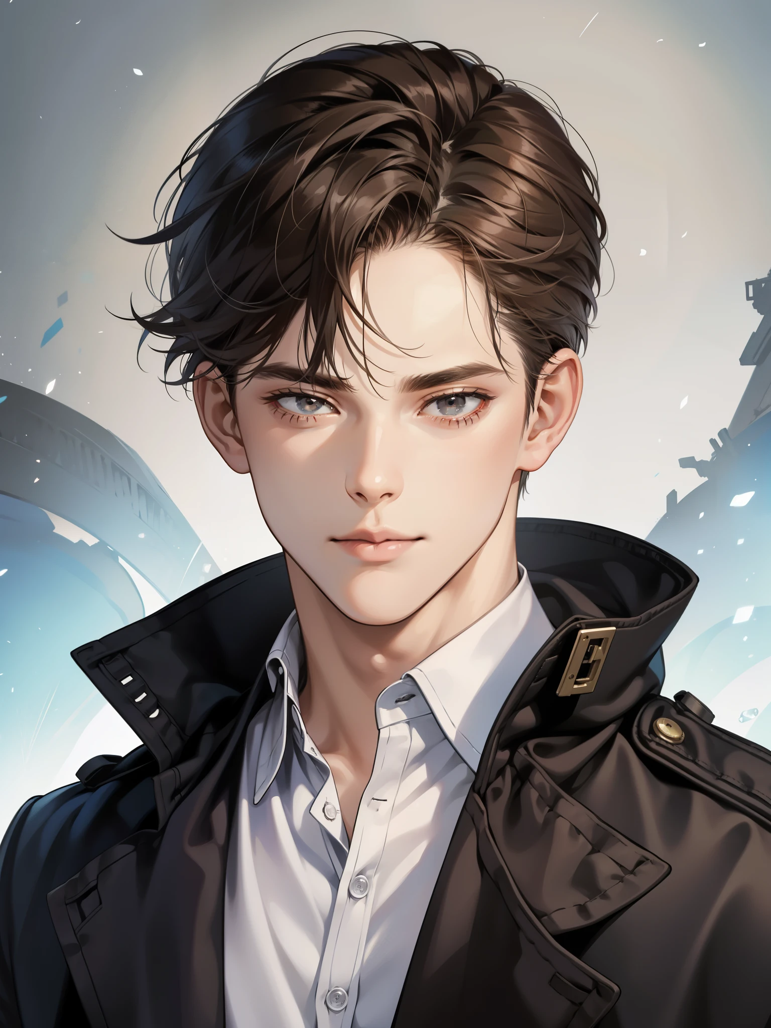 masterpiece, best quality, realistic, 1man, mature male, quiet and charming young man, 35 years old, close his eyes, serious, closed mouth, extremely detailed face, cold, ((dark grey eyes)), ((short-right-swept dark brown hair)), [thick eyebrows], ((hunter)), accurate, detailed, ((town))