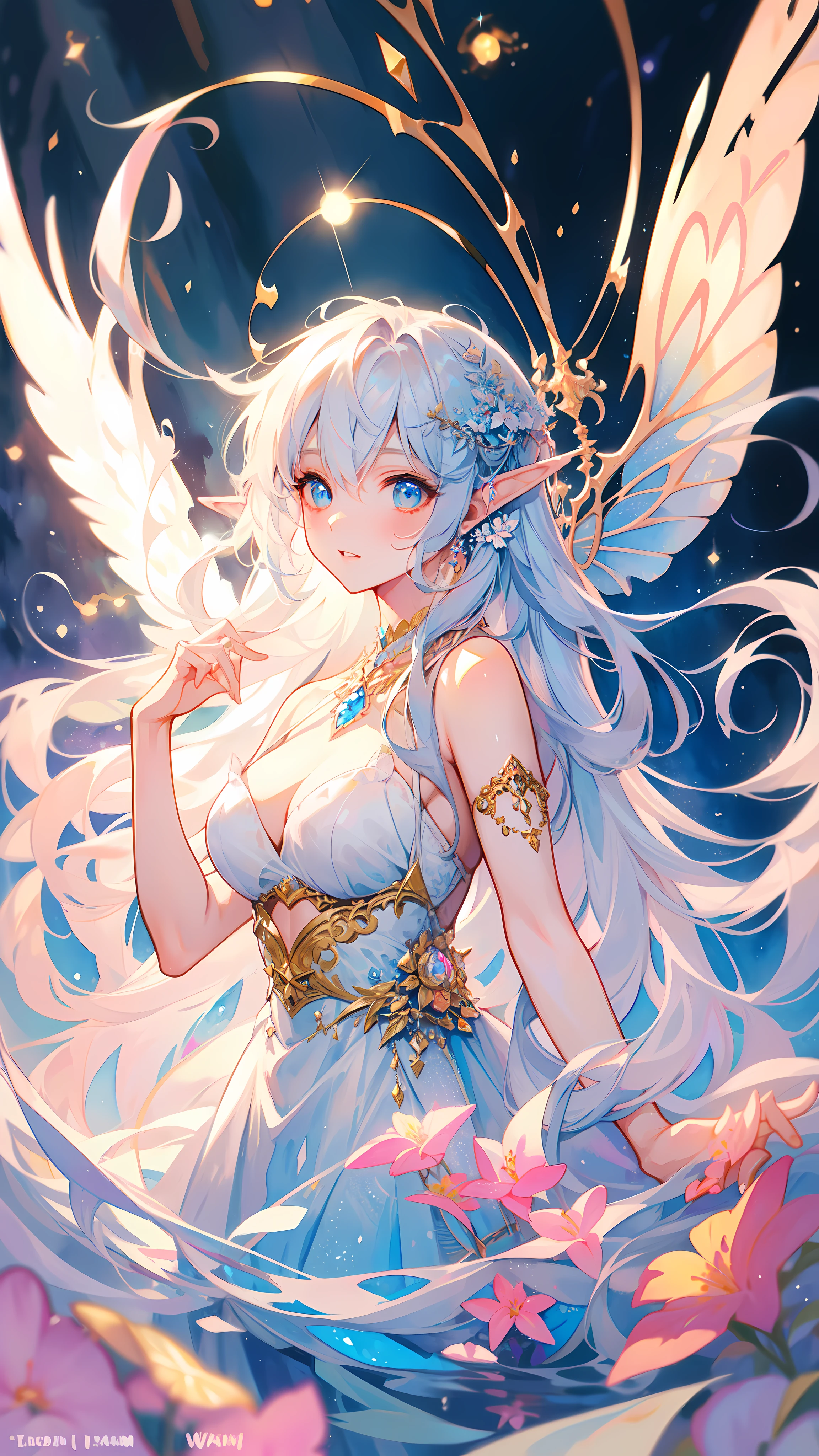 masterpiece, best quality, sharp focus, 8k, intricately detailed environment, anime, by Yoshitaka Amano, watercolor illustration, colorful, bright colors, whimsical, glowing lights, liquid otherworldly, fairy lights, beautiful elf girl in flowing liquid glowing dress, perfect face, blue eyes, white hair, medium breast, golden ratio, sparkling eyes, watercolor, liquid light, angel wings