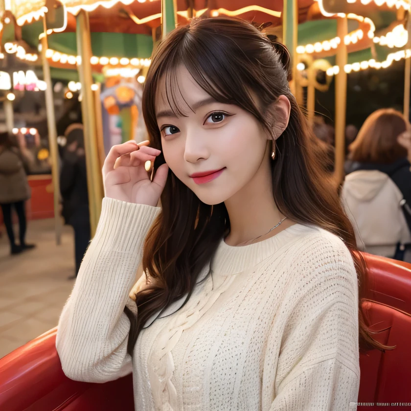 table top, highest quality, figure, super detailed, finely, High resolution, 8k wallpaper, 完璧なダイナミックな構figure, detailed and beautiful eyes, Trendy women's fashion winter clothes, bun hair, small breasts natural color lip, sexy pose, smile, Date at the amusement park, merry-go-round riding pose, 20 year old girl, cute, looking at camera