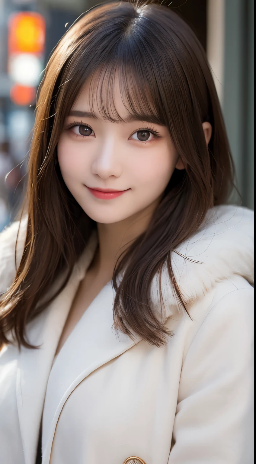 table top, highest quality, shape, Super detailed, finely, High resolution, 8k wallpaper, 完璧なダイナミックな構shape, beautiful and detailed eyes, tokyo trend冬ファッション,tokyo trend＆Introducing cute hairstyles at random, small breasts, natural color lip, random sexy pose,cute smile,20 year old girl、beautiful and detailed face、perfect and beautiful face,Big eyes、Wear fluffy black outerwear with fur、beautiful and detailed face、perfect and beautiful double eyelids、blur the background、perfect and beautiful face、Feminine poses、blur the background、slim face and style、blur background