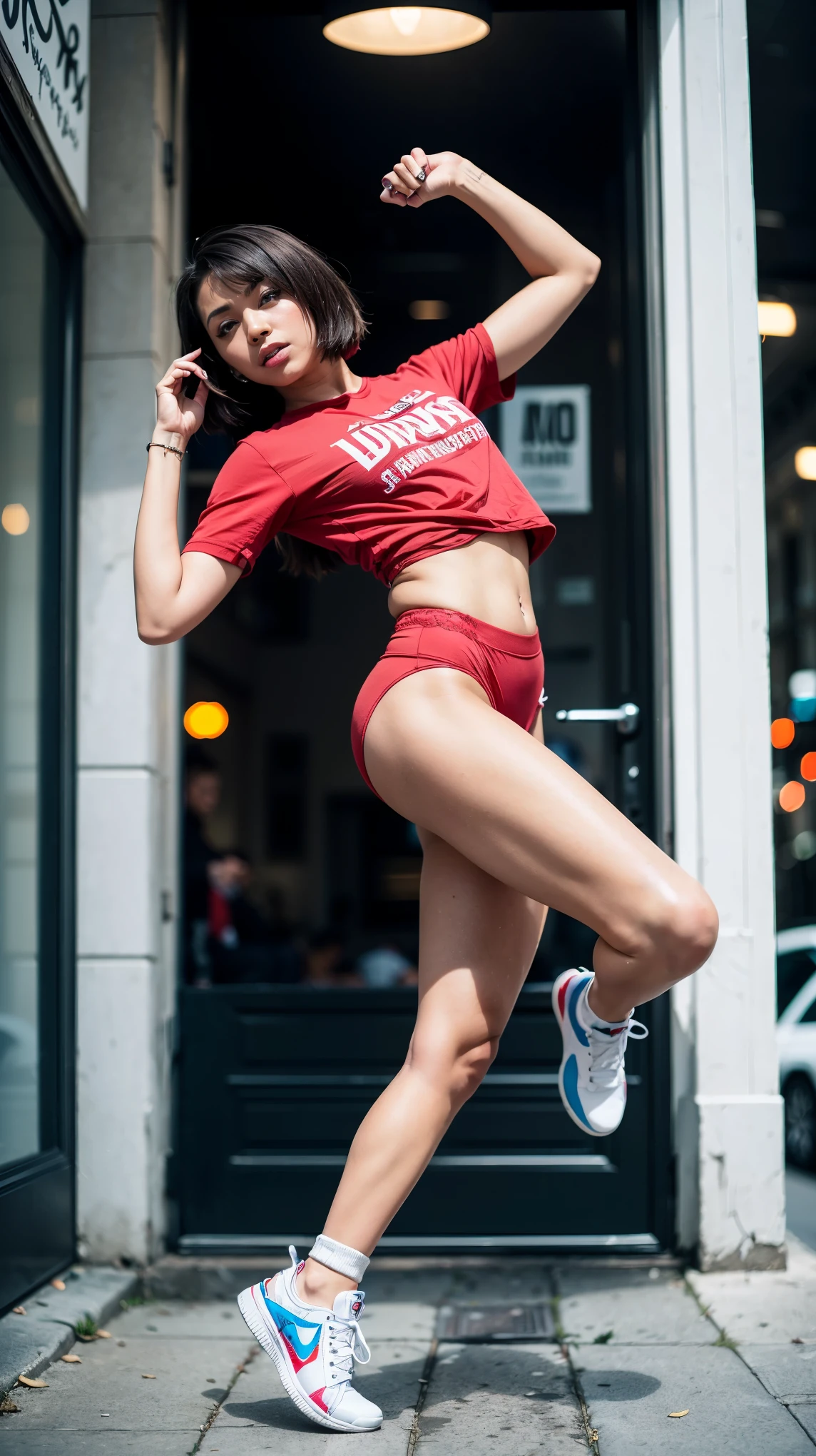 ((hip hop dancer dancing in the street)),woman,blonde,short hair,(detailed hands:1.4),from below,youtube shooting,overlooking,whole body,(wearing a suit),sneakers,new york,(((blur background))),(((masterpiece,Highest image quality,Super detailed,photorealistic,4K)))