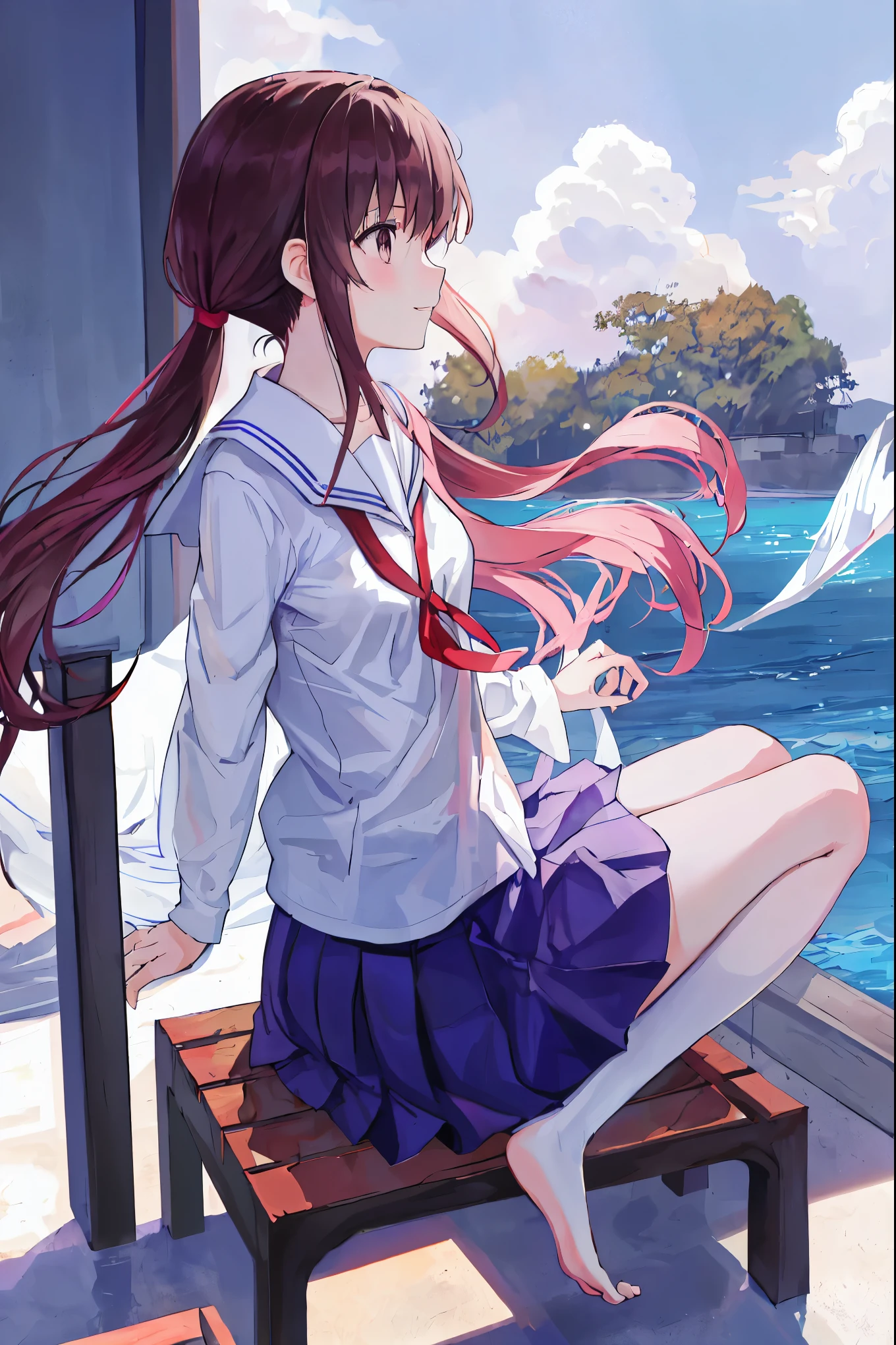 1 girl、laughter、shirt、skirt、()Chirarism、Japanese high school uniform、serafuku、summer clothes、Uniform soaked in a squall、(sheer bra)、upper body portrait、light cream hair、squatting bench、high school girl ,、brown hair ponytail,barefoot,Underwear visible,finger in crotch,small breasts,small butt,beautiful profile,natural limbs,distinct nose bridge,anatomically correct body