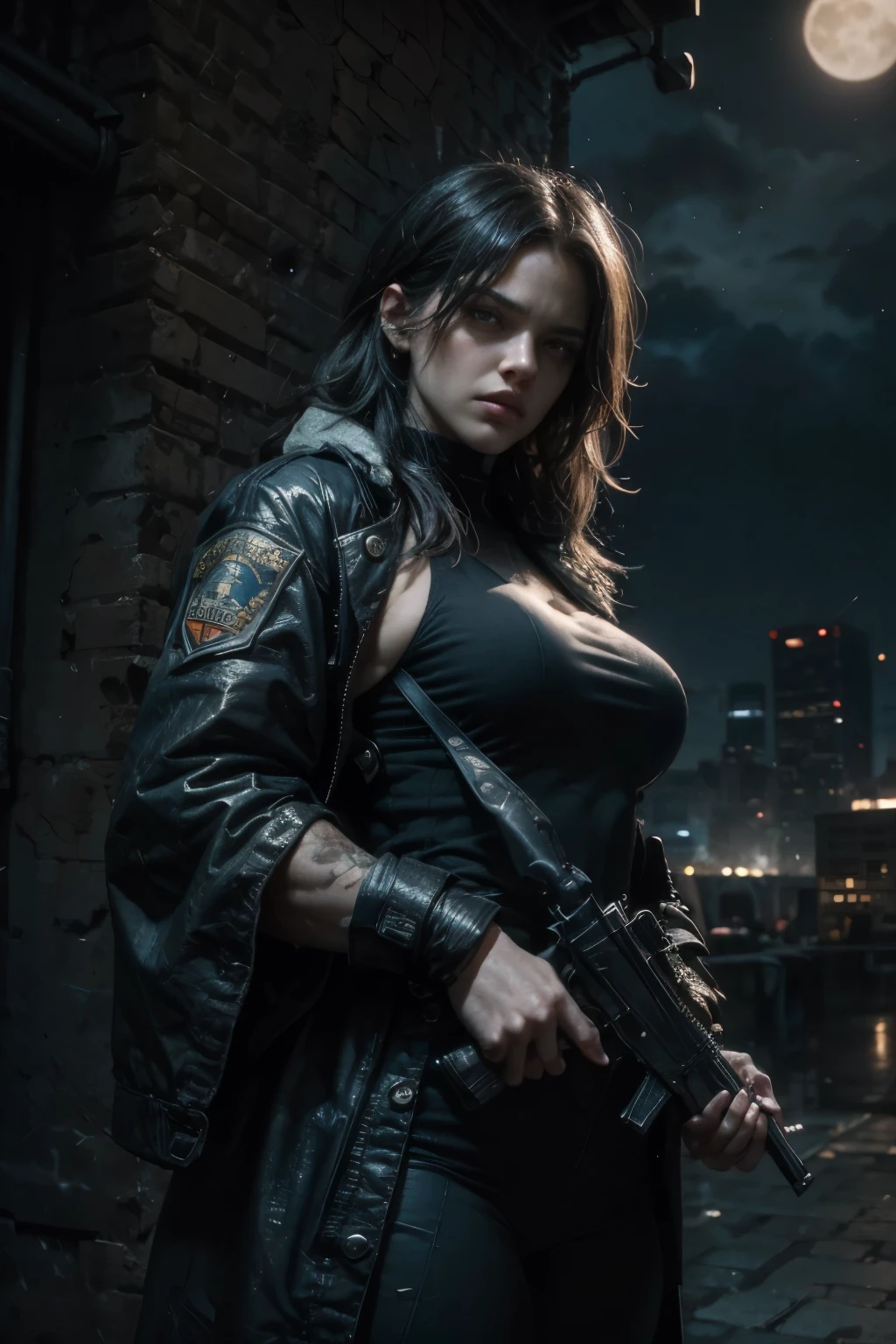 (best quality,4k,8k,highres,masterpiece:1.2),ultra-detailed,realistic, HDR,UHD,studio lighting,ultra-fine painting,sharp focus,physically-based rendering,extreme detail description,professional,vivid colors,bokeh, portraits,psychological, a cunning and resourceful female agent in a form-fitting tactical outfit, holding a handgun with a determined expression,
Background: A sprawling urban landscape with towering skyscrapers and a moonlit sky, hinting at a dangerous and covert mission under the cover of darkness.
Overall Color Scheme: Deep blues and blacks with hints of silver and subtle neon accents, evoking the intrigue and danger associated with the world of espionage.