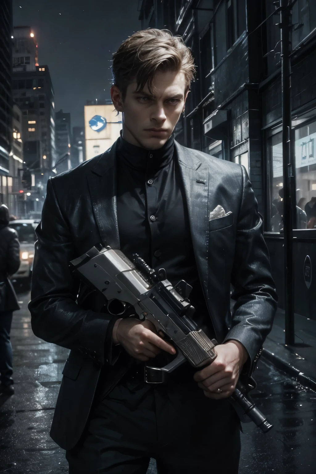 (best quality,4k,8k,highres,masterpiece:1.2),ultra-detailed,realistic, HDR,UHD,studio lighting,ultra-fine painting,sharp focus,physically-based rendering,extreme detail description,professional,vivid colors,bokeh, portraits,psychological, A rugged male special agent in a tailored black suit, carrying a sleek handgun with a determined expression，
Background: A sprawling urban landscape with towering skyscrapers and a moonlit sky, hinting at a dangerous and covert mission under the cover of darkness.
Overall Color Scheme: Deep blues and blacks with hints of silver and subtle neon accents, evoking the intrigue and danger associated with the world of espionage.
