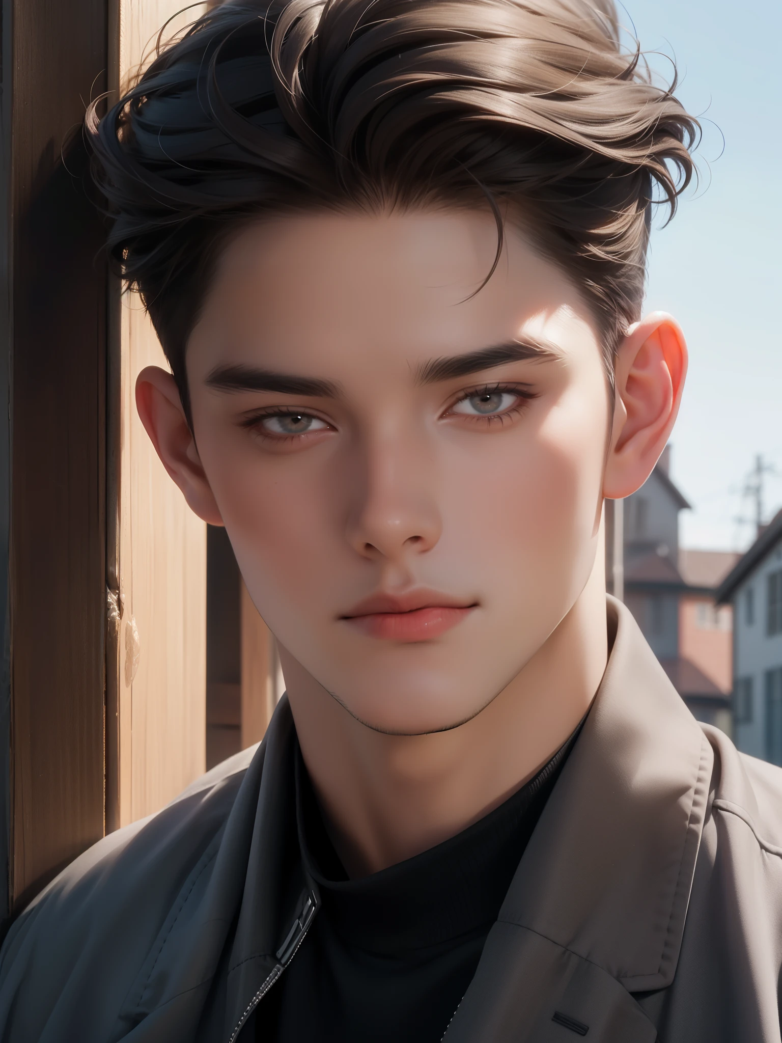 masterpiece, best quality, realistic, 1man, mature male, quiet and charming young man, 35 years old, close his eyes, serious, closed mouth, extremely detailed face, cold, ((dark grey eyes)), ((short-right-swept dark brown hair)), [thick eyebrows], ((hunter)), accurate, detailed, ((town))