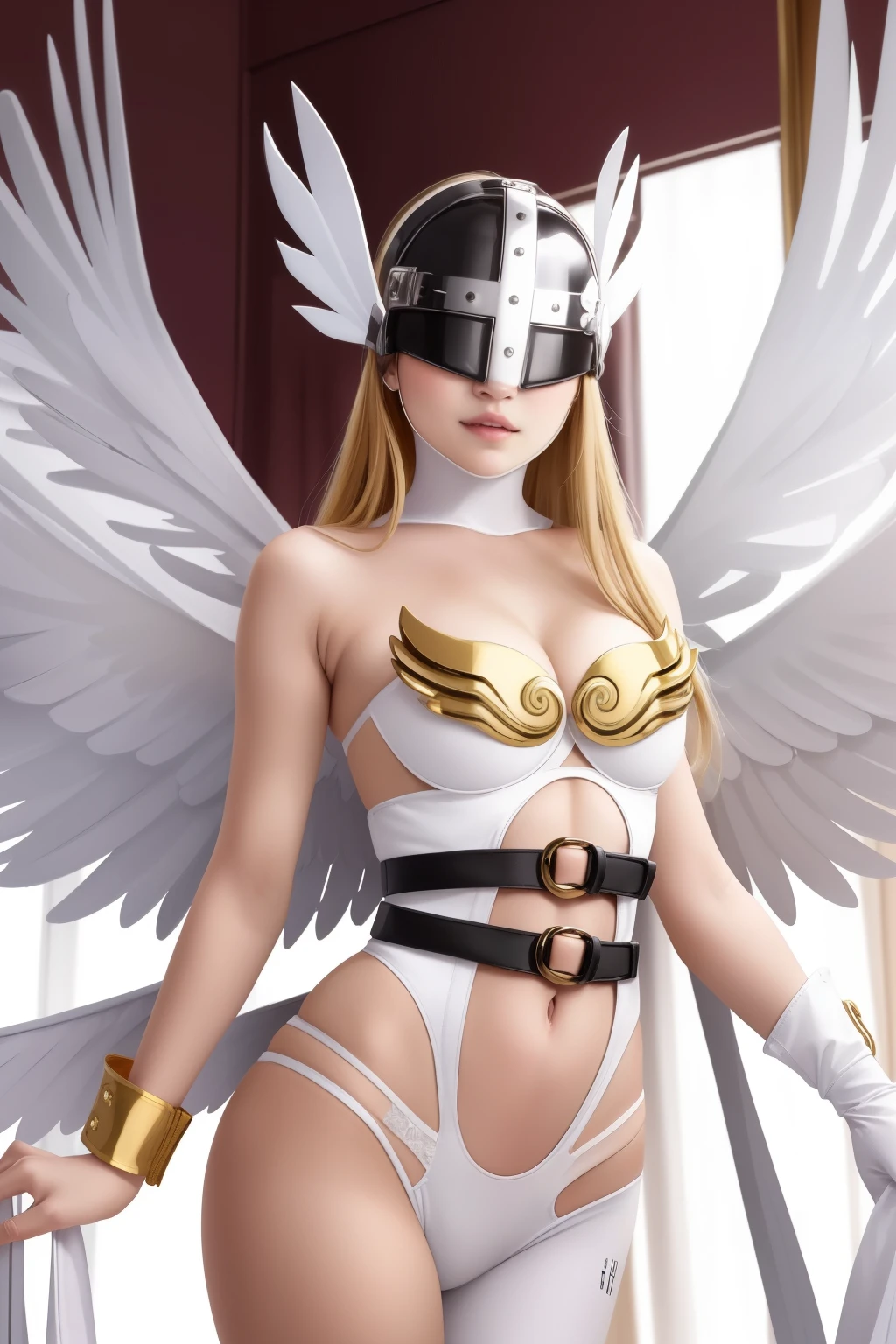 best quality, intricate details,
1girl,  Angewomon, winged helmet, helmet over eyes, helmet on, covered eyes,white multiple wings, white wings, pink hagoromo, single glove, strapless,white bodysuit, gold strapless bra, black belt, two belts, sexy poses , dark skin, colourfull baground in home 