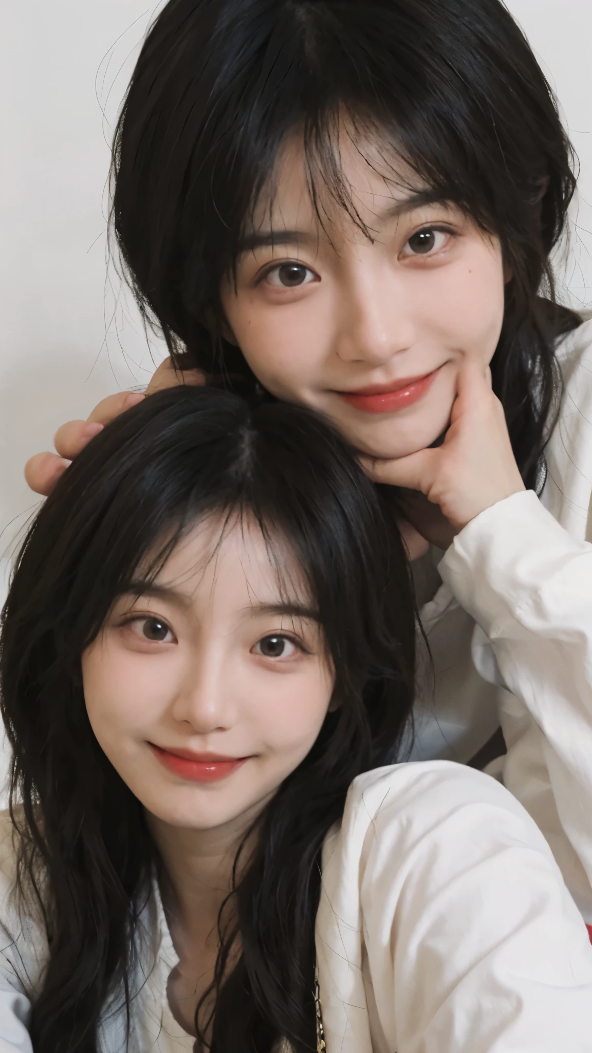 best quality, ultra high resolution, White background,Young cute asian face, With cute doting eyes, 8k selfie photos, cute korean face, 年輕cute korean face, Slightly cute smile, Cute and delicate face, Clear and lovely face, smile and open your eyes, 女孩Cute and delicate face, young cute face