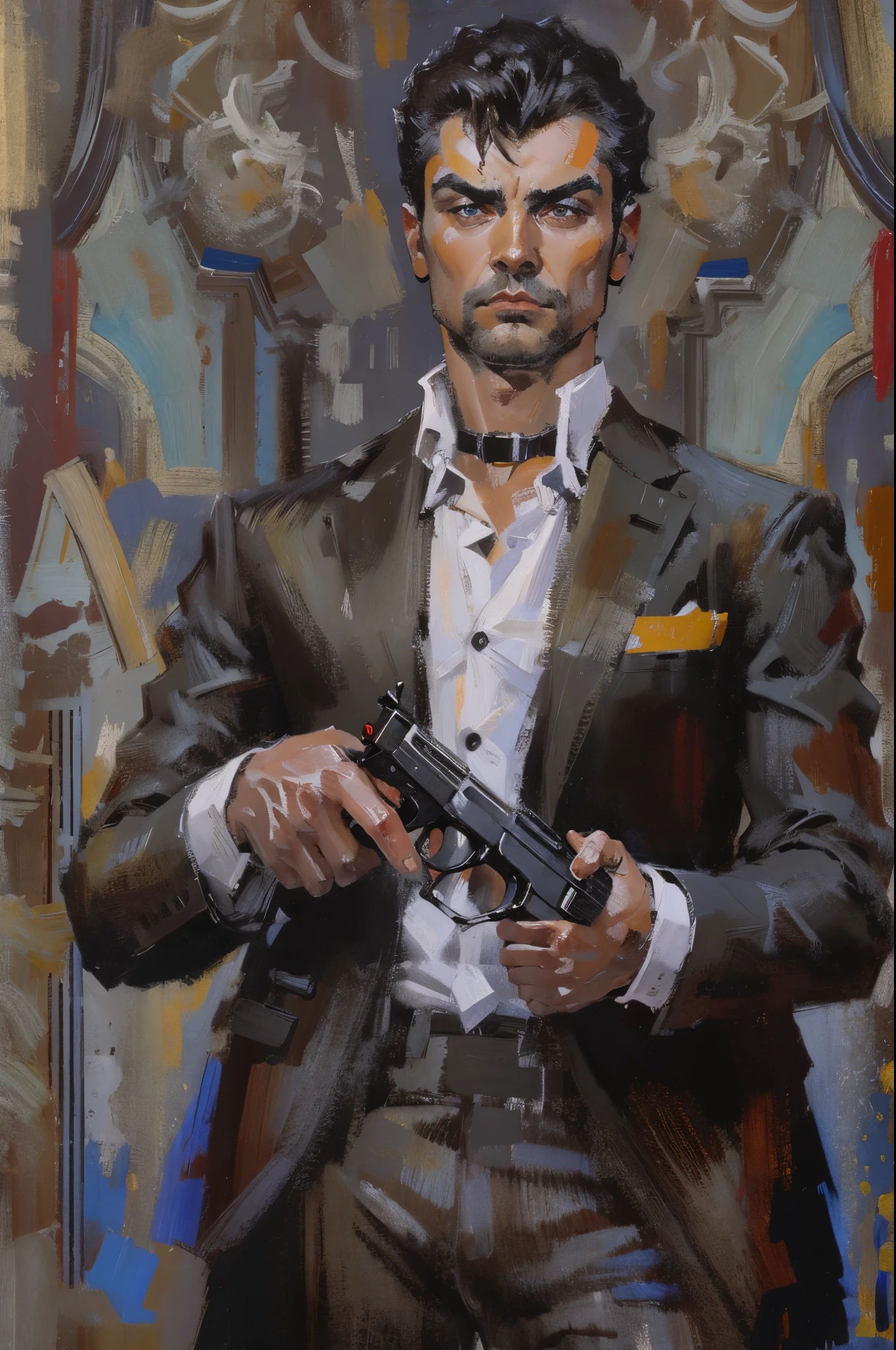 Agent 007，standing holding pistol，Surrealism，painting，ink，acrylic painting，masterpiece，renaissance style，best quality，high resolution，Super fine，Delicate eyes，facial details，hair details，precise，Clear eye focus close-up