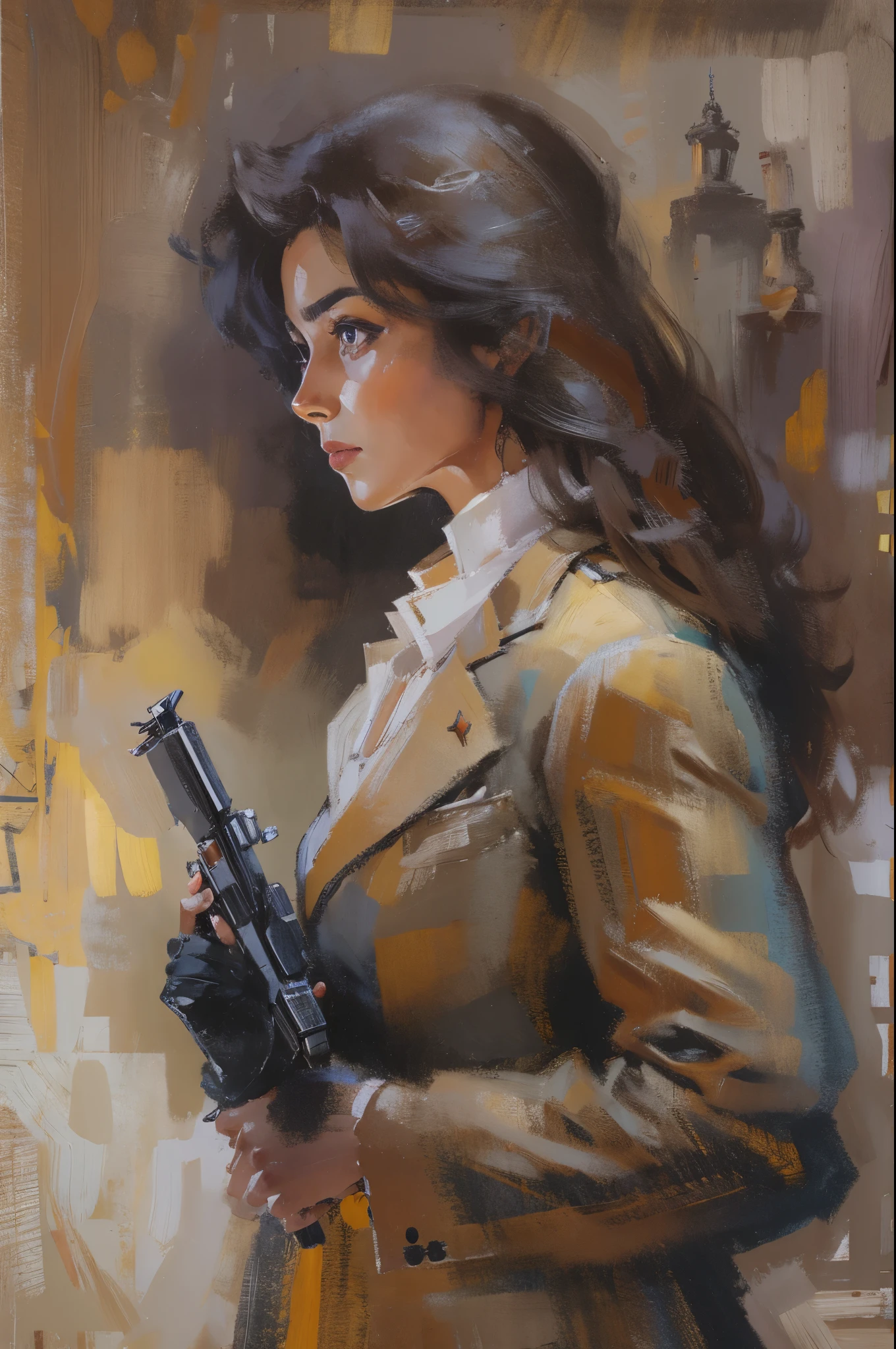 Agent 007，standing holding pistol，Surrealism，painting，ink，acrylic painting，masterpiece，renaissance style，best quality，high resolution，Super fine，Delicate eyes，facial details，hair details，precise，Clear eye focus close-up