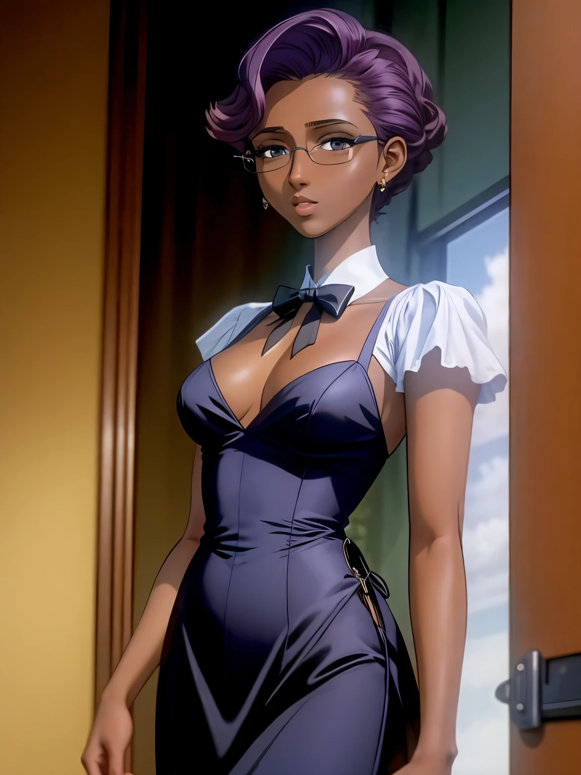 (masterpiece, best quality:1.2),1 girl, alone,Exquisite hair color，short hair，( Wear conservative dress, black tie:1.2)Get a pistol, ,glowing skin，A lot of sweat(  very dark skin 1.2)，wear glasses，earrings（（（nervous expression）））blush，mysterious atmosphere，pink lips