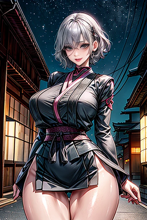 Photo Quality, (Best Picture Quality:1.6), HDR,Realistic,Dense,High Resolution,night scene, 1Woman,fully clothed, Wearing headset, Ebony Skin,Smiling,Solo,Thick Lips,Pink Lipstick,Long Eyelashes,Pink Eyeshadow,Golden Ratio Body,High Waist,((Long Legs:1.(2))),F-Cup Bust,Slim waist,wide hips,big ,(narrow face),jewelry,miscellaneous,((japanese Ninja style,short skirt:1.3)),silver hair,curly hair,short hair, Standing on street, moonlight, dynamic pose, ((cowboy shot:1.1))