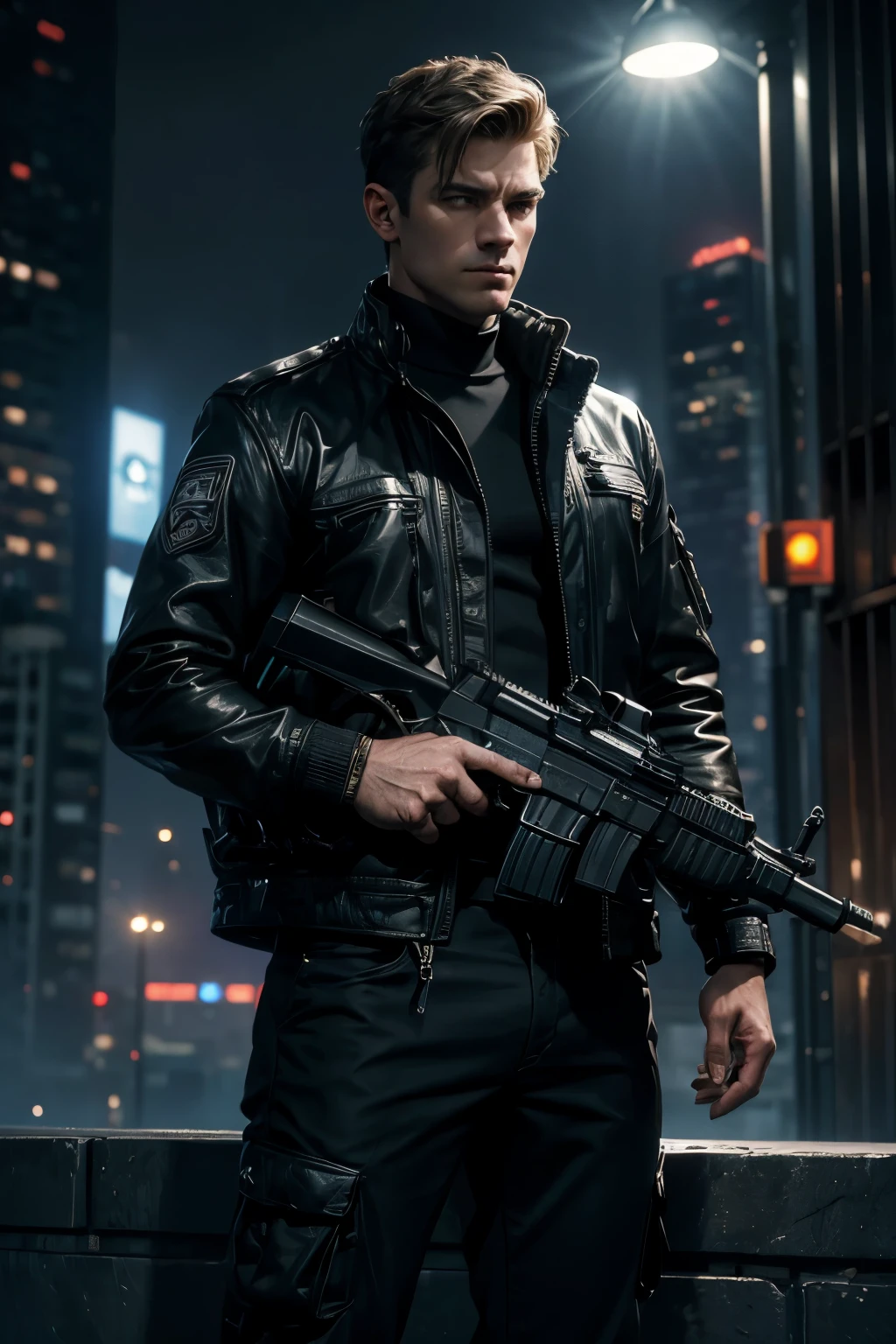 (best quality,4k,8k,highres,masterpiece:1.2),ultra-detailed,realistic, HDR,UHD,studio lighting,ultra-fine painting,sharp focus,physically-based rendering,extreme detail description,professional,vivid colors,bokeh, portraits,psychological, A male special agent dressed in black, facing away from the audience, holding a silver handgun with a cold and resolute expression,
Background: A modern metropolis, with towering skyscrapers and dazzling lights, but the sky is shrouded in mist.
Overall Color Scheme: Primarily in cool tones, highlighting the mystery, suspense, and tension of the special agents.
