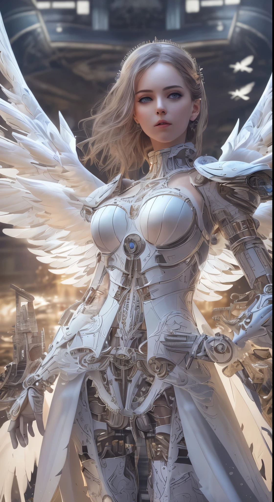 Close-up of a woman in a white dress with wings, full body angel, futuristic robot angel, amazing angel wings, angel knight gothic girl, angel in plastic armor, intricate costume designs, As a mysterious Valkyrie, The whole body is made of white feathers,, futuristic and fantastic, white wings, beautiful angel wings, steampunk angel, beautiful cyborg angel girl, graceful wingasterpiece, .CGI:1.4),(8k raw photo, best quality, masterpiece:1.2) super detailed official art,photorealistic:1.37, (outstanding, professional),masterpiece,best quality,ultra detailed,highres,high-resolution,4k,4kportrait,8k,8kportrait,unity8kwallpaper,extremely detailed CG,realistic,RAW photo,real person,portrait photography,photorealistic,shiny skin,detailed skin,(((dynamic angle full body
and dynamic angle wide shot
and dynamic angle close-up
and dynamic angle upper body
and dynamic angle from above
and dynamic angle from behind
and dynamic angle from below
))),{{{{supermodel }}}},{{{{Photorealistic:1.4}}}}, beautiful detailed, highly detailed eyes and face, beautiful detailed eyes, ridiculous, incredibly ridiculous, super detailed, high resolution, highly detailed, top quality, masterpiece, illustration, highly detailed, CG, unified, 8k wallpaper, amazing, fine detail, masterpiece, top quality, highly detailed CG unified 8k wallpaper, face light, movie lighting,surrealistic female portrait, magic lights, 32K resolution, action poses, realistic photography, dynamic lighting, art station, volume lighting, highly detailed face, awarded, shadows}}}}}}}