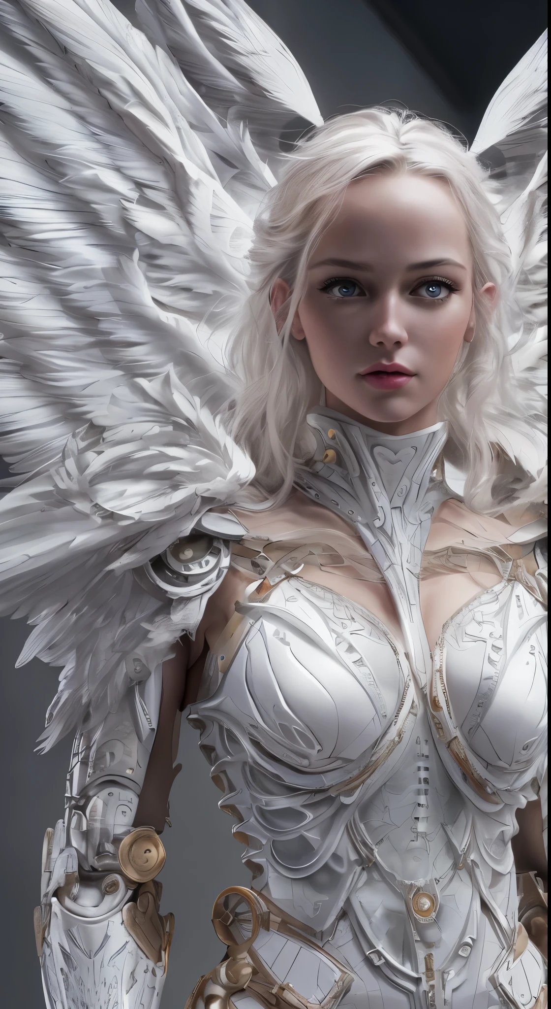 Close-up of a woman in a white dress with wings, full body angel, futuristic robot angel, amazing angel wings, angel knight gothic girl, angel in plastic armor, intricate costume designs, As a mysterious Valkyrie, The whole body is made of white feathers,, futuristic and fantastic, white wings, beautiful angel wings, steampunk angel, beautiful cyborg angel girl, graceful wingasterpiece, .CGI:1.4),(8k raw photo, best quality, masterpiece:1.2) super detailed official art,photorealistic:1.37, (outstanding, professional),masterpiece,best quality,ultra detailed,highres,high-resolution,4k,4kportrait,8k,8kportrait,unity8kwallpaper,extremely detailed CG,realistic,RAW photo,real person,portrait photography,photorealistic,shiny skin,detailed skin,(((dynamic angle full body
and dynamic angle wide shot
and dynamic angle close-up
and dynamic angle upper body
and dynamic angle from above
and dynamic angle from behind
and dynamic angle from below
))),{{{{supermodel }}}},{{{{Photorealistic:1.4}}}}, beautiful detailed, highly detailed eyes and face, beautiful detailed eyes, ridiculous, incredibly ridiculous, super detailed, high resolution, highly detailed, top quality, masterpiece, illustration, highly detailed, CG, unified, 8k wallpaper, amazing, fine detail, masterpiece, top quality, highly detailed CG unified 8k wallpaper, face light, movie lighting,surrealistic female portrait, magic lights, 32K resolution, action poses, realistic photography, dynamic lighting, art station, volume lighting, highly detailed face, awarded, shadows}}}}}}}