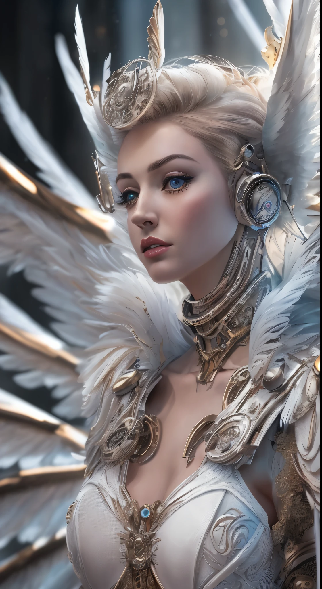 Close-up of a woman in a white dress with wings, full body angel, futuristic robot angel, amazing angel wings, angel knight gothic girl, angel in plastic armor, intricate costume designs, As a mysterious Valkyrie, The whole body is made of white feathers,, futuristic and fantastic, white wings, beautiful angel wings, steampunk angel, beautiful cyborg angel girl, graceful wingasterpiece, .CGI:1.4),(8k raw photo, best quality, masterpiece:1.2) super detailed official art,photorealistic:1.37, (outstanding, professional),masterpiece,best quality,ultra detailed,highres,high-resolution,4k,4kportrait,8k,8kportrait,unity8kwallpaper,extremely detailed CG,realistic,RAW photo,real person,portrait photography,photorealistic,shiny skin,detailed skin,(((dynamic angle full body
and dynamic angle wide shot
and dynamic angle close-up
and dynamic angle upper body
and dynamic angle from above
and dynamic angle from behind
and dynamic angle from below
))),{{{{supermodel }}}},{{{{Photorealistic:1.4}}}}, beautiful detailed, highly detailed eyes and face, beautiful detailed eyes, ridiculous, incredibly ridiculous, super detailed, high resolution, highly detailed, top quality, masterpiece, illustration, highly detailed, CG, unified, 8k wallpaper, amazing, fine detail, masterpiece, top quality, highly detailed CG unified 8k wallpaper, face light, movie lighting,surrealistic female portrait, magic lights, 32K resolution, action poses, realistic photography, dynamic lighting, art station, volume lighting, highly detailed face, awarded, shadows}}}}}}}