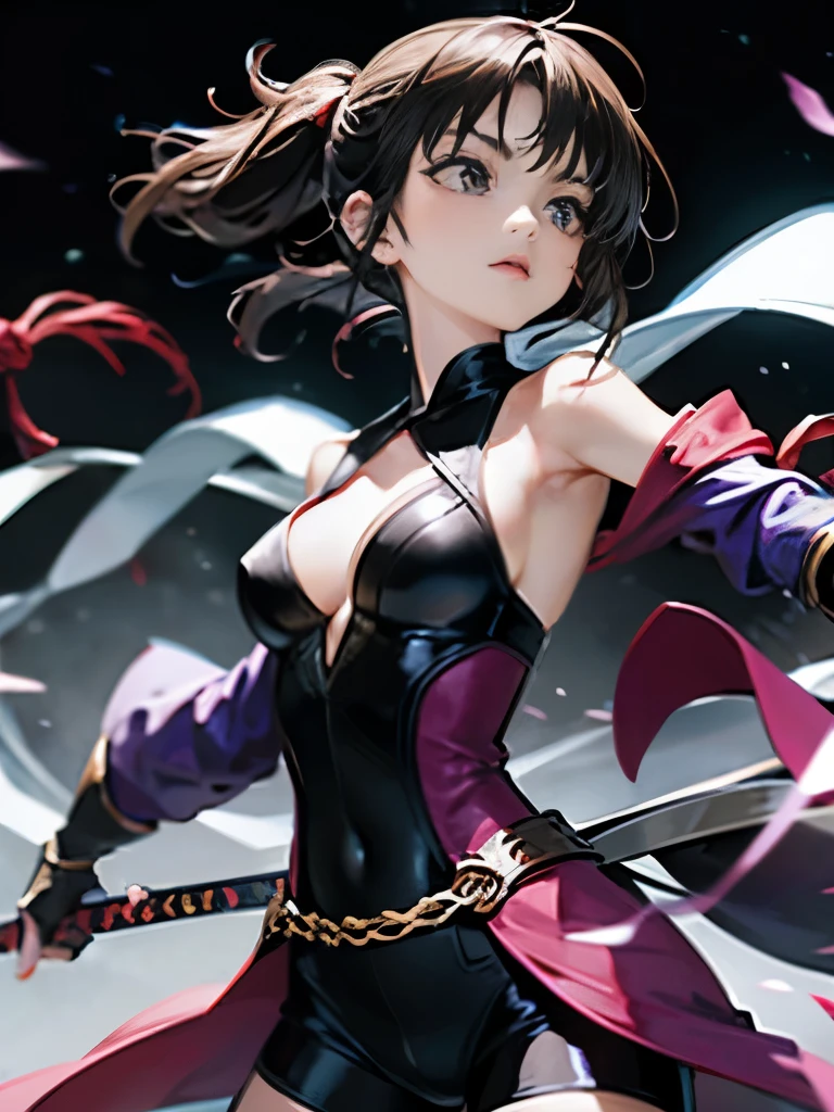 short black hair woman、19 years old、small breasts、sharp eyes、Kunoichi、purple ninja suit、Ready for battle、Holding a dagger in his hand、dancing in the air、jump up、Dynamic movement、Forest of Moonlit Night、Middle Ages Japan